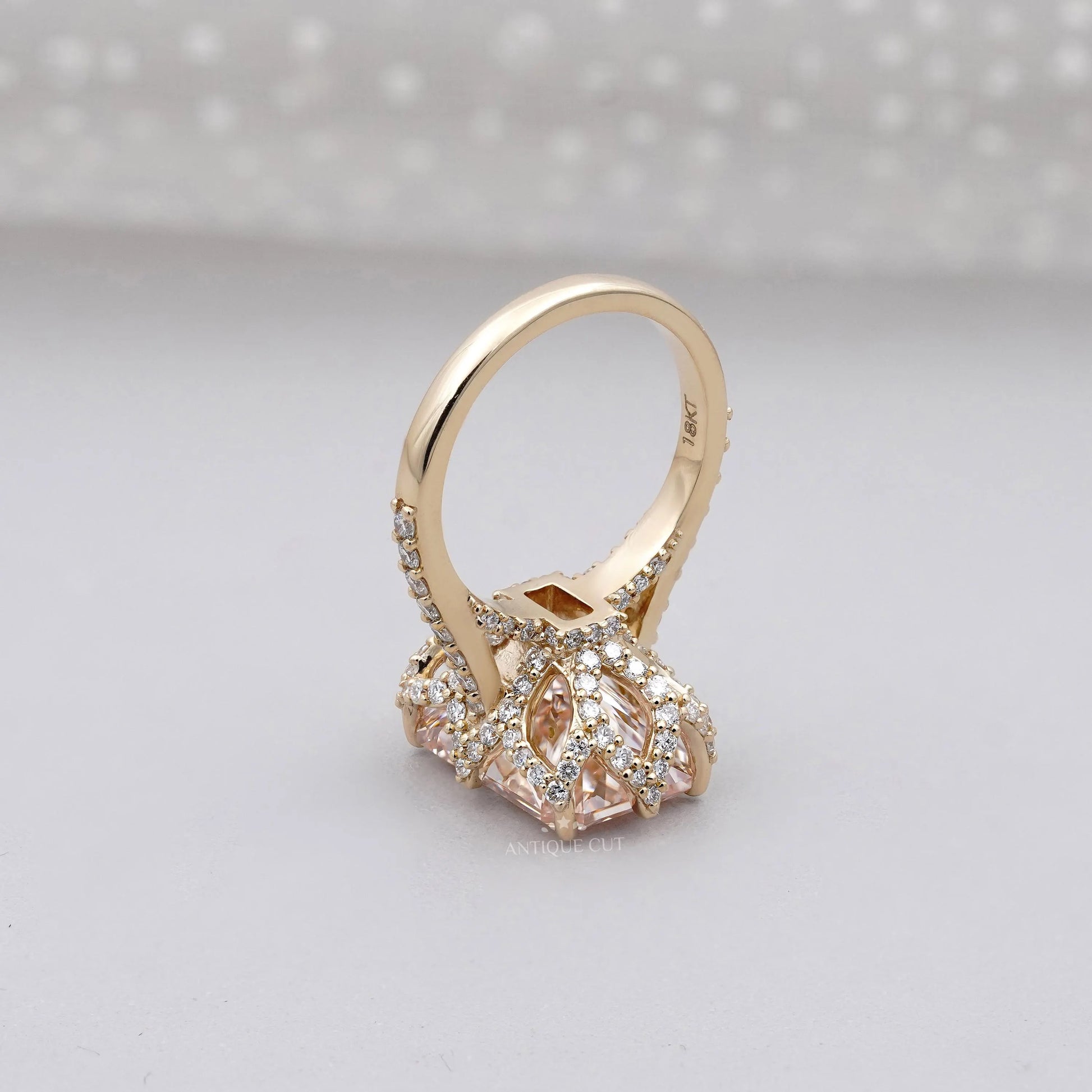 Antique cut pink radiant diamond engagement ring pave band