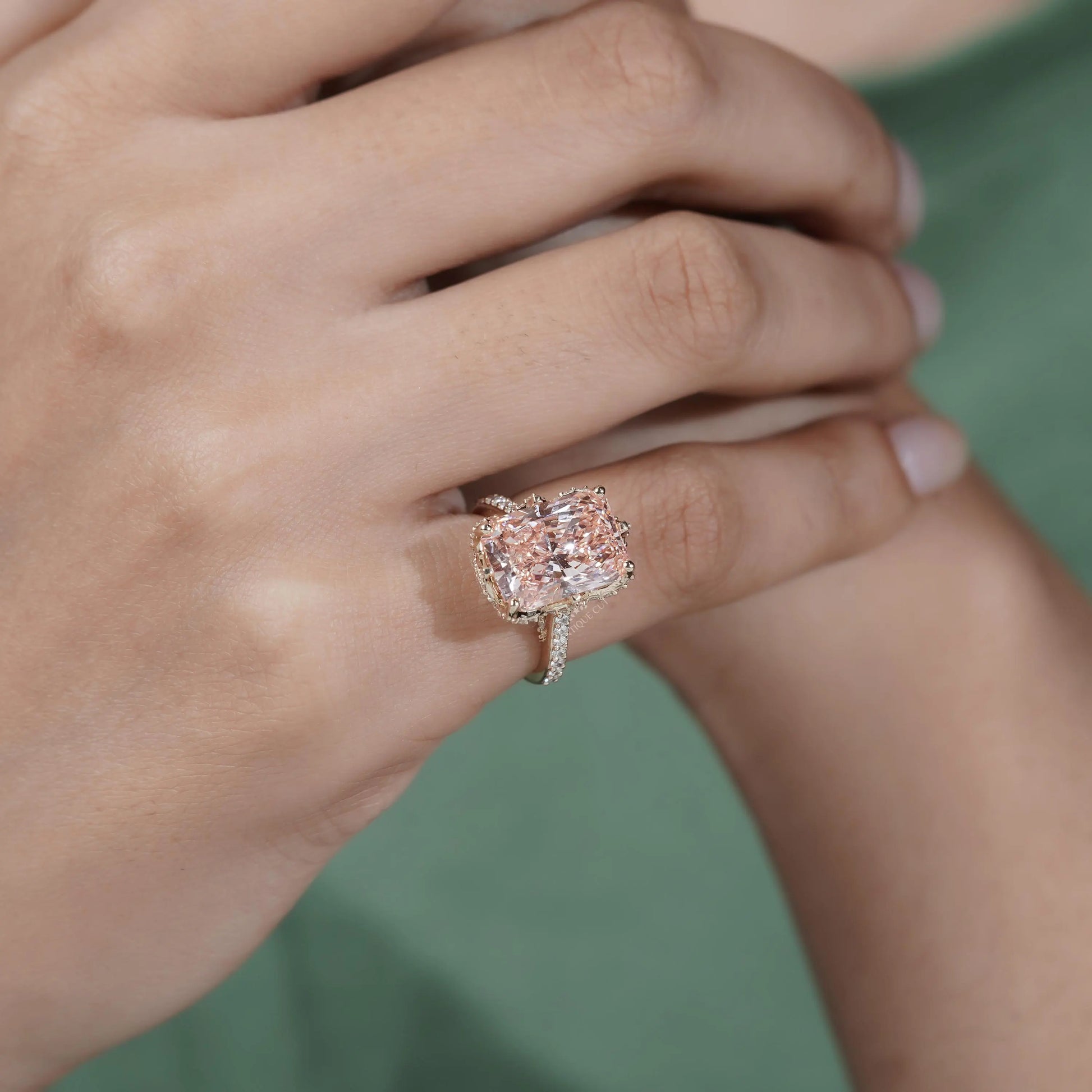Vintage inspired pink radiant cut diamond ring hidden stone