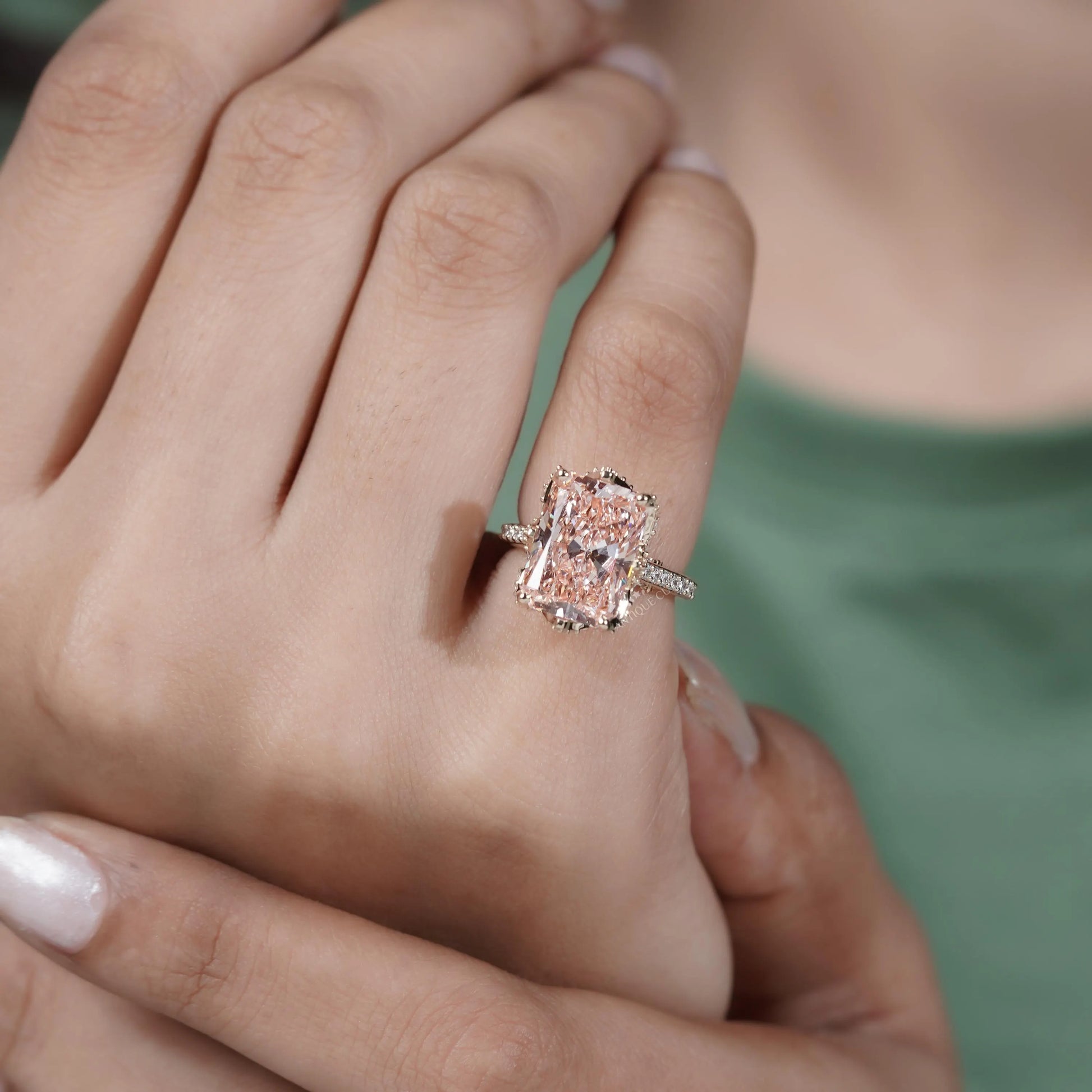 Timeless pink radiant diamond engagement ring hidden detail