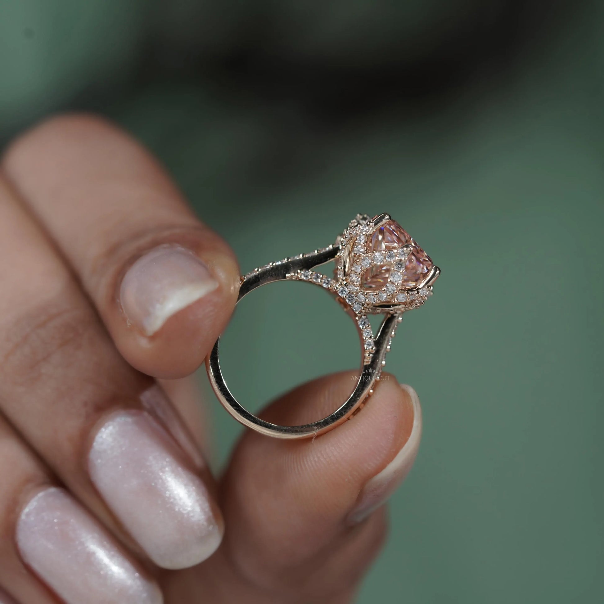 Antique style pink radiant diamond ring yellow gold