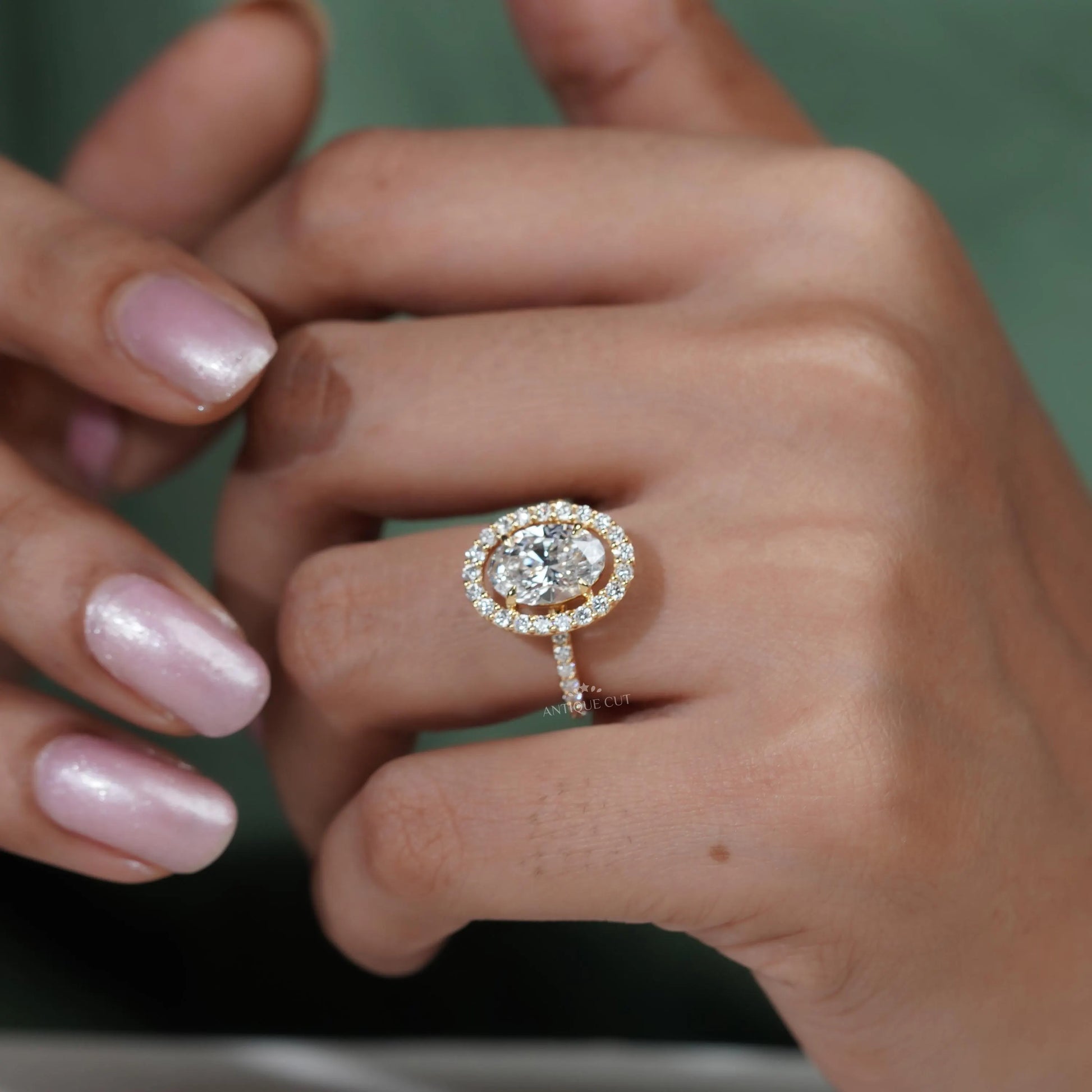 3.20TCW Oval Cut Lab Grown Diamond | Round Halo Engagement Ring | Pave Band | Yellow Gold Ring | IGI Certified D-E-F VVS-VS.