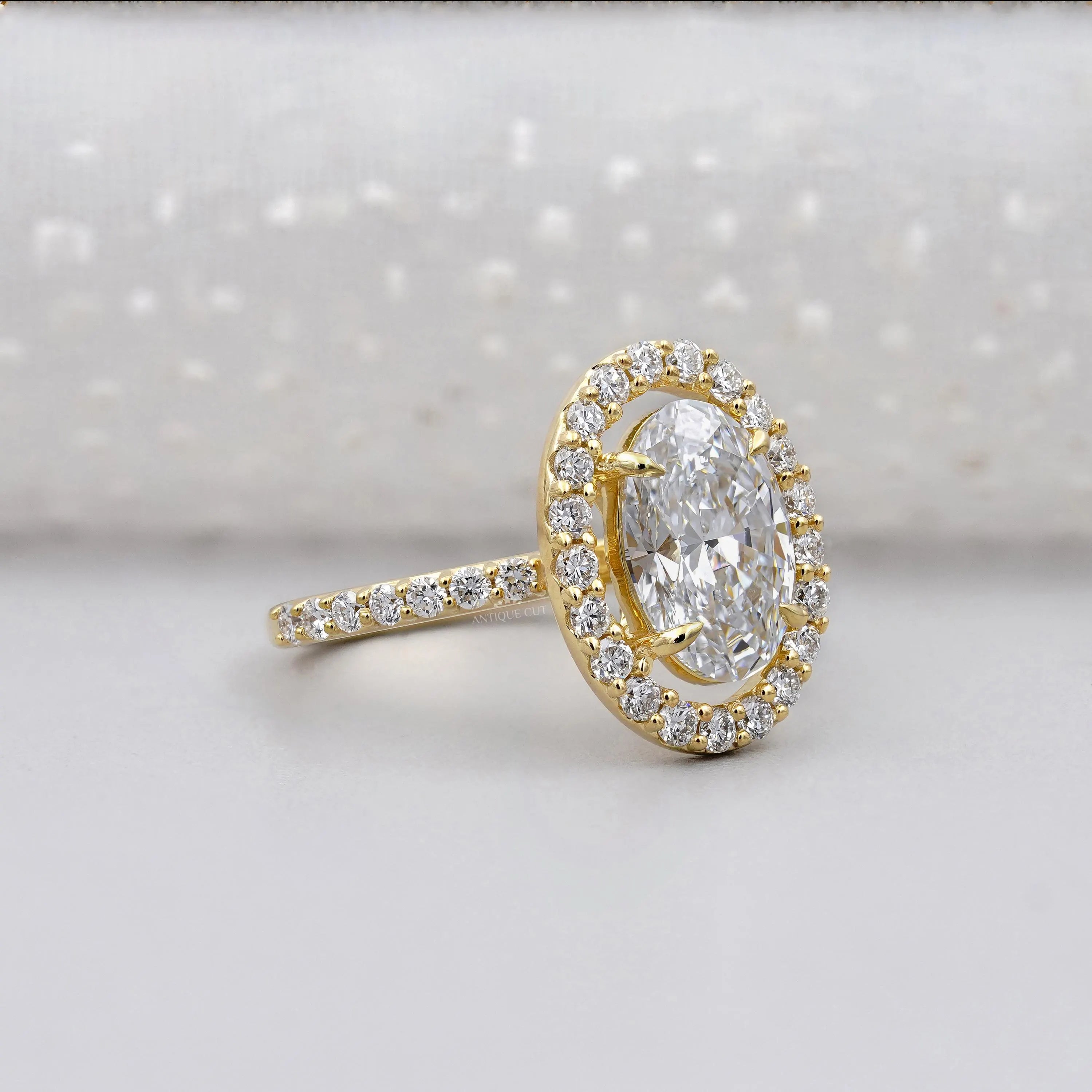 3.20TCW Oval Cut Lab Grown Diamond | Round Halo Engagement Ring | Pave Band | Yellow Gold Ring | IGI Certified D-E-F VVS-VS.