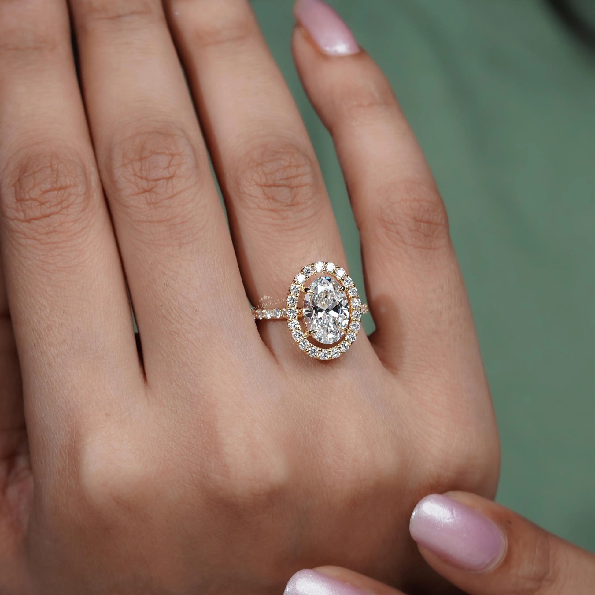 3.20TCW Oval Cut Lab Grown Diamond | Round Halo Engagement Ring | Pave Band | Yellow Gold Ring | IGI Certified D-E-F VVS-VS.