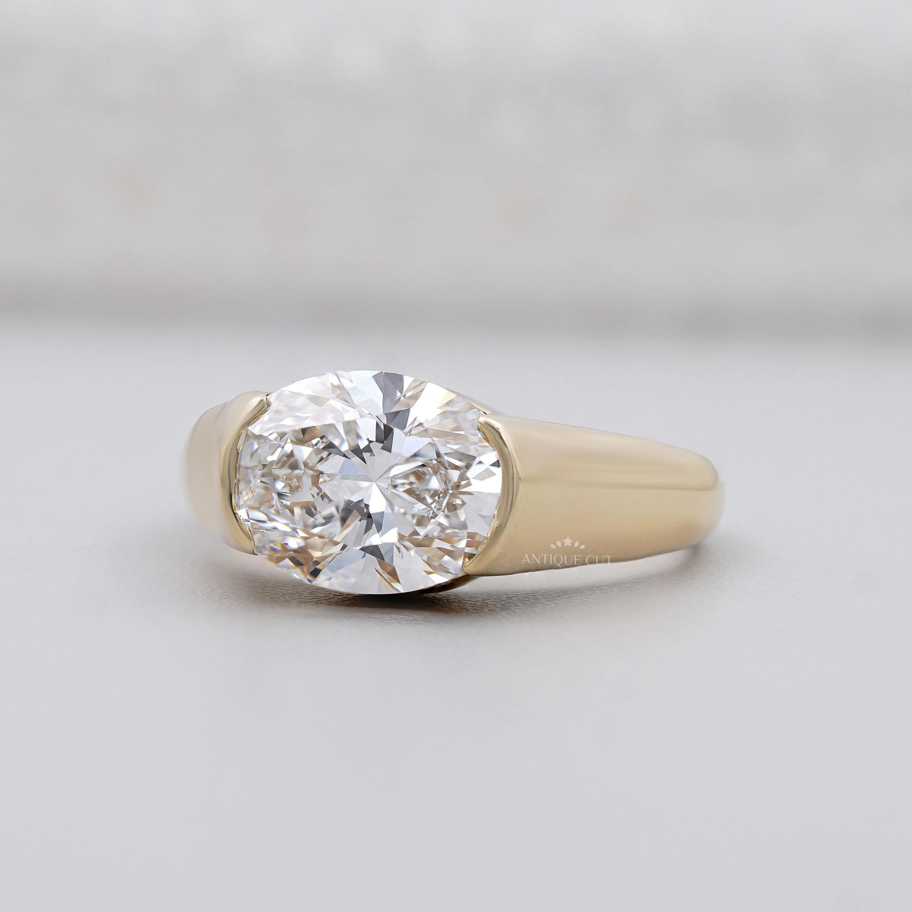 3.00ct Oval Bezel Set Engagement Ring • Solid Gold Thick Band Ring • Modern Oval Solitaire Ring • Unique Sculpted Bezel Ring
