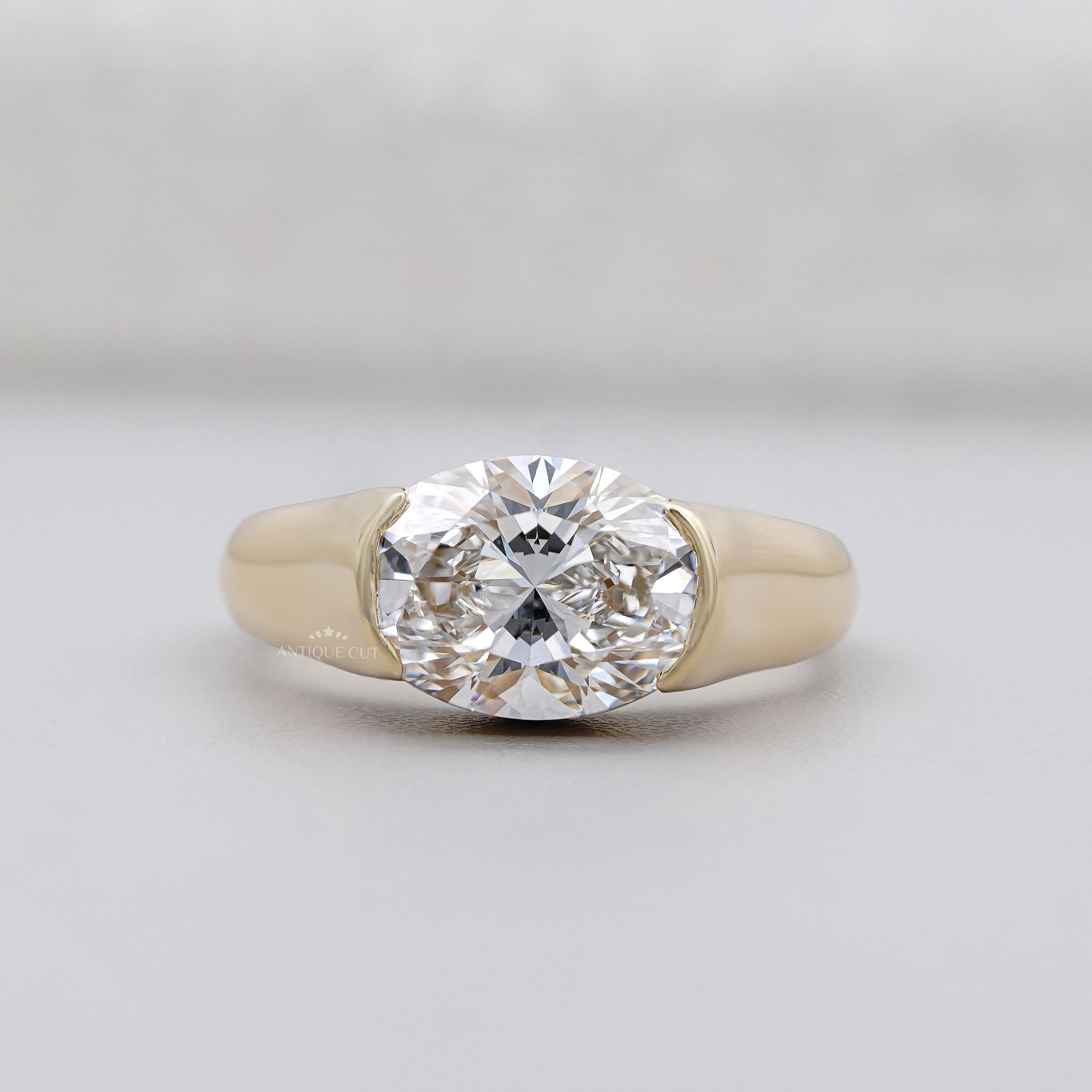 3.00ct Oval Bezel Set Engagement Ring • Solid Gold Thick Band Ring • Modern Oval Solitaire Ring • Unique Sculpted Bezel Ring