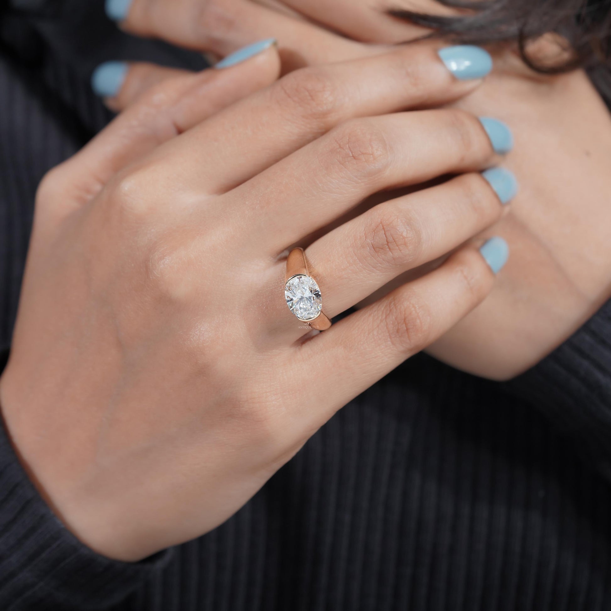 3.00ct Oval Bezel Set Engagement Ring • Solid Gold Thick Band Ring • Modern Oval Solitaire Ring • Unique Sculpted Bezel Ring