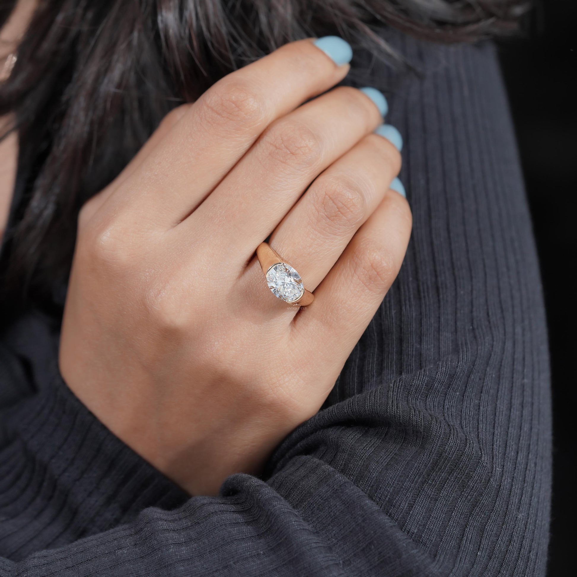 3.00ct Oval Bezel Set Engagement Ring • Solid Gold Thick Band Ring • Modern Oval Solitaire Ring • Unique Sculpted Bezel Ring