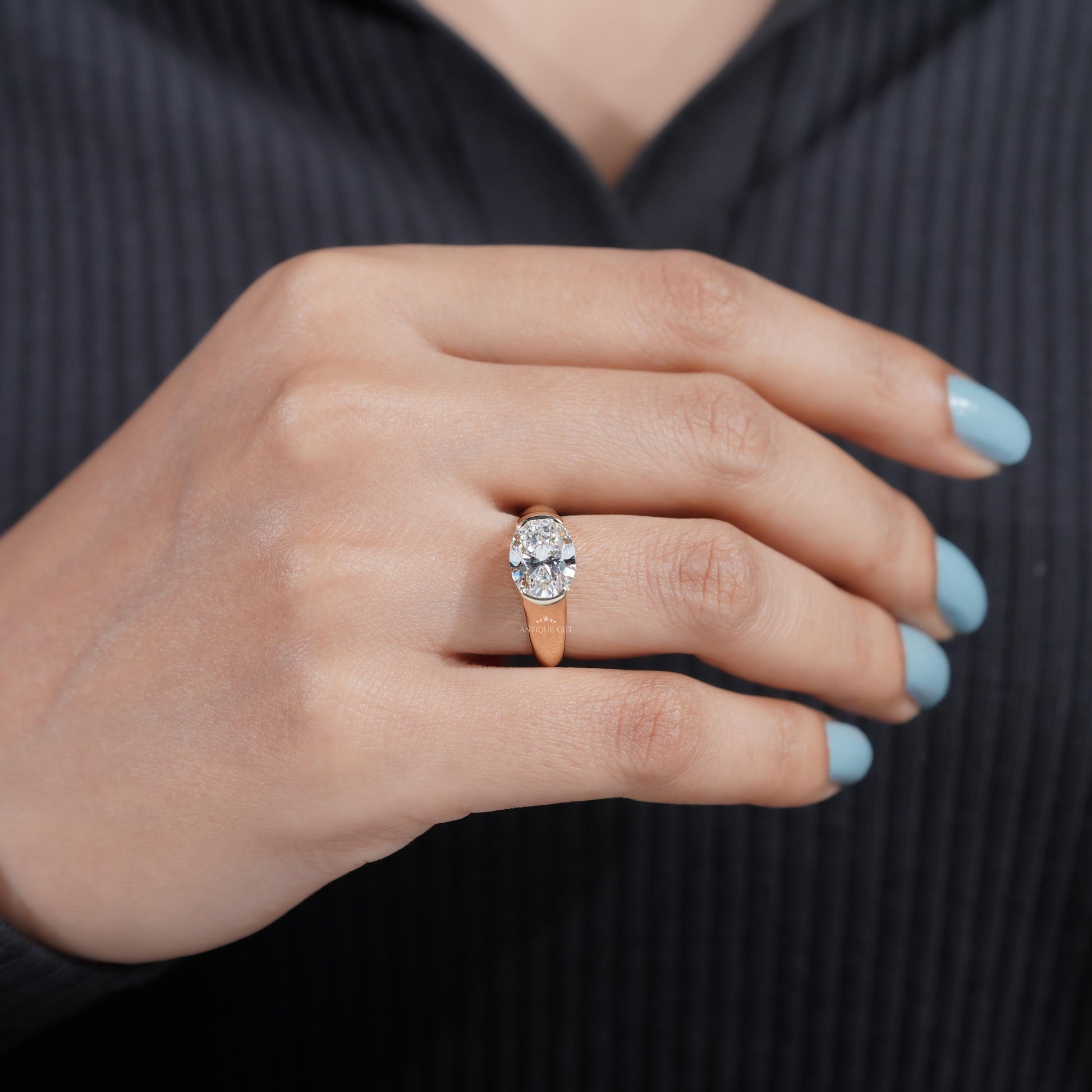 3.00ct Oval Bezel Set Engagement Ring • Solid Gold Thick Band Ring • Modern Oval Solitaire Ring • Unique Sculpted Bezel Ring