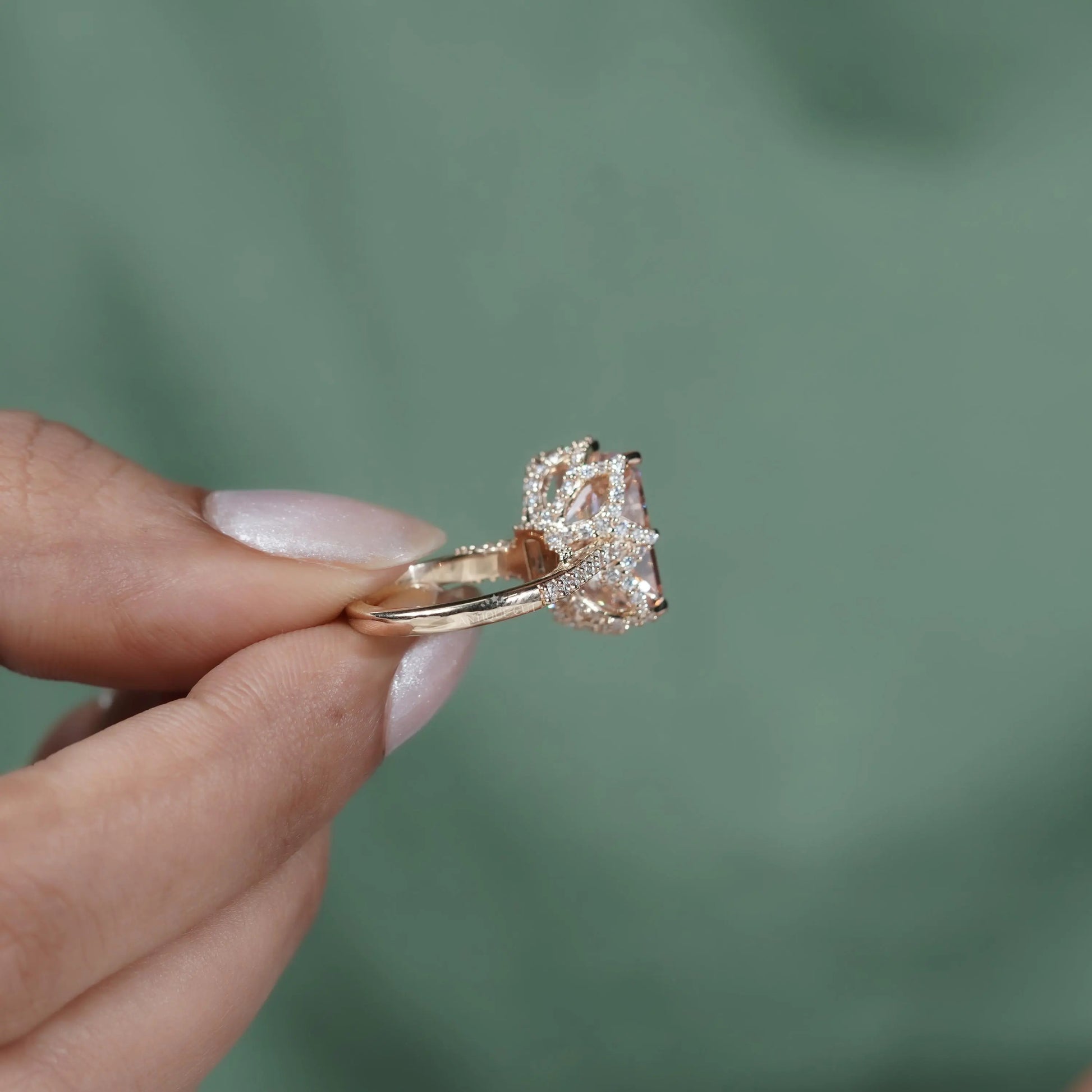 Unique pink radiant cut diamond ring pave band hidden stone