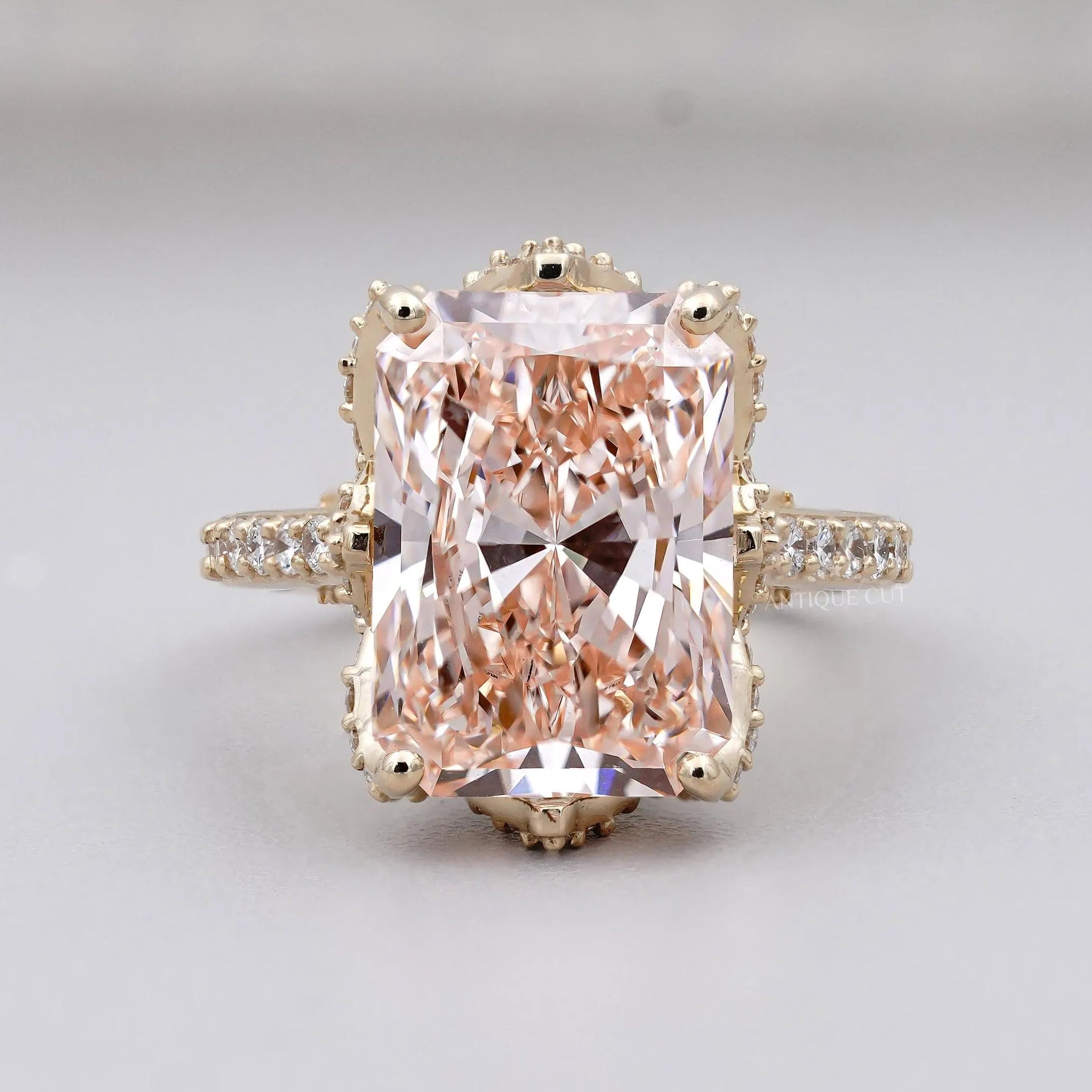 Pink radiant cut diamond ring pave band yellow gold