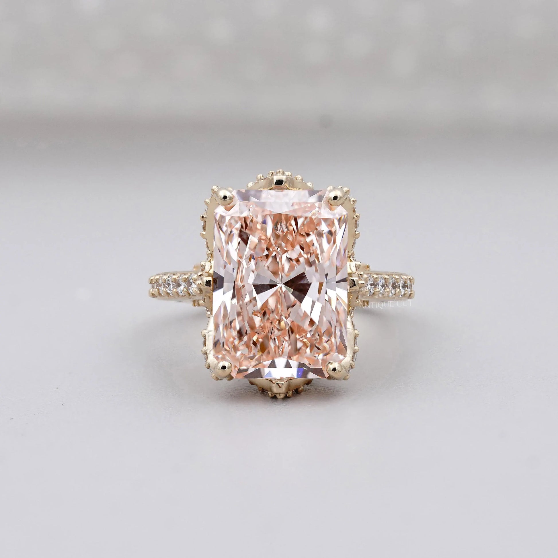 Pink radiant cut diamond ring pave band yellow gold