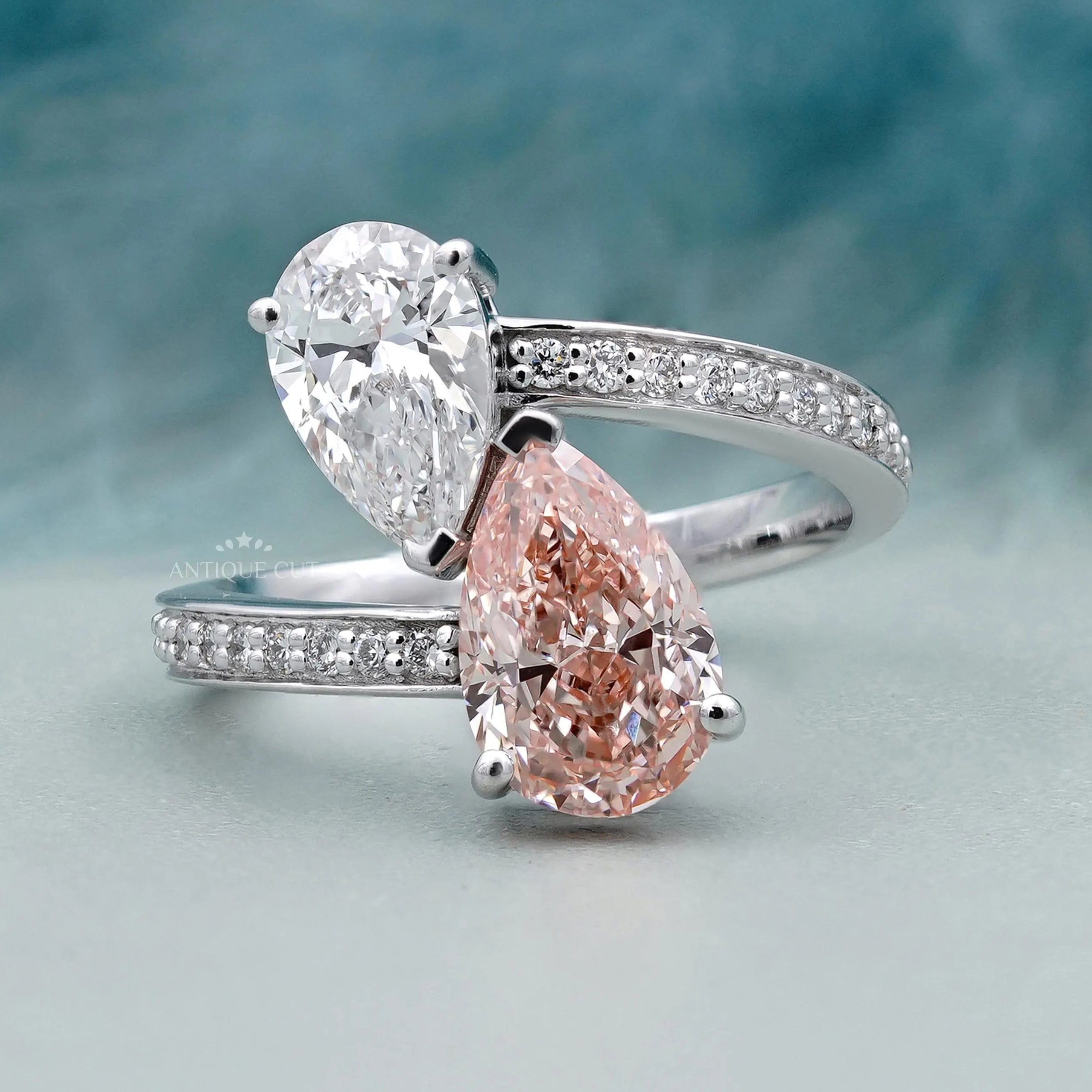 Toi Et Moi engagement ring pink and white pear white gold