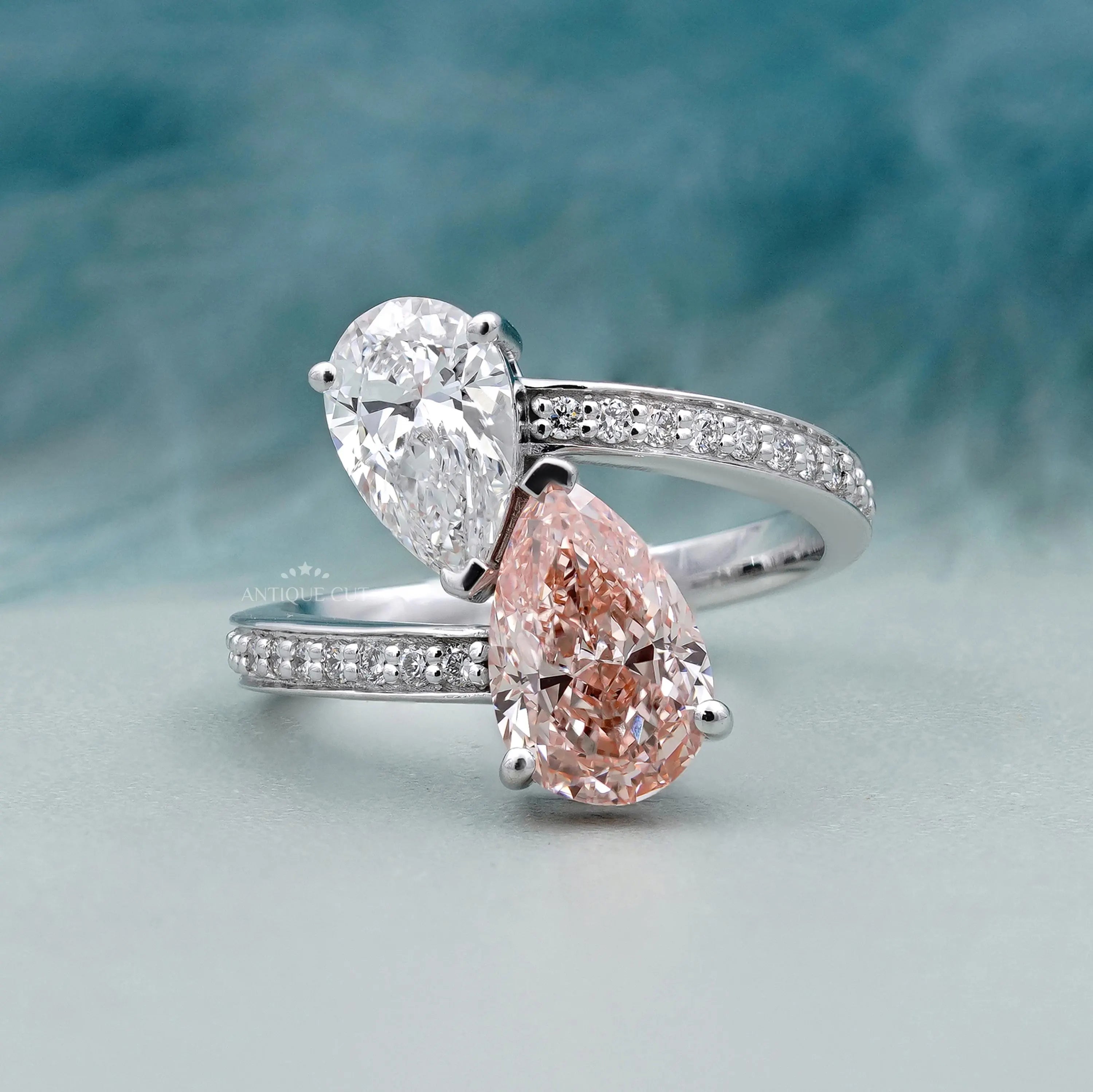 Pink And White Pear 3.80tcw Toi Et Moi Lab Diamond Ring | IGI Certified D-E-F VVS-VS