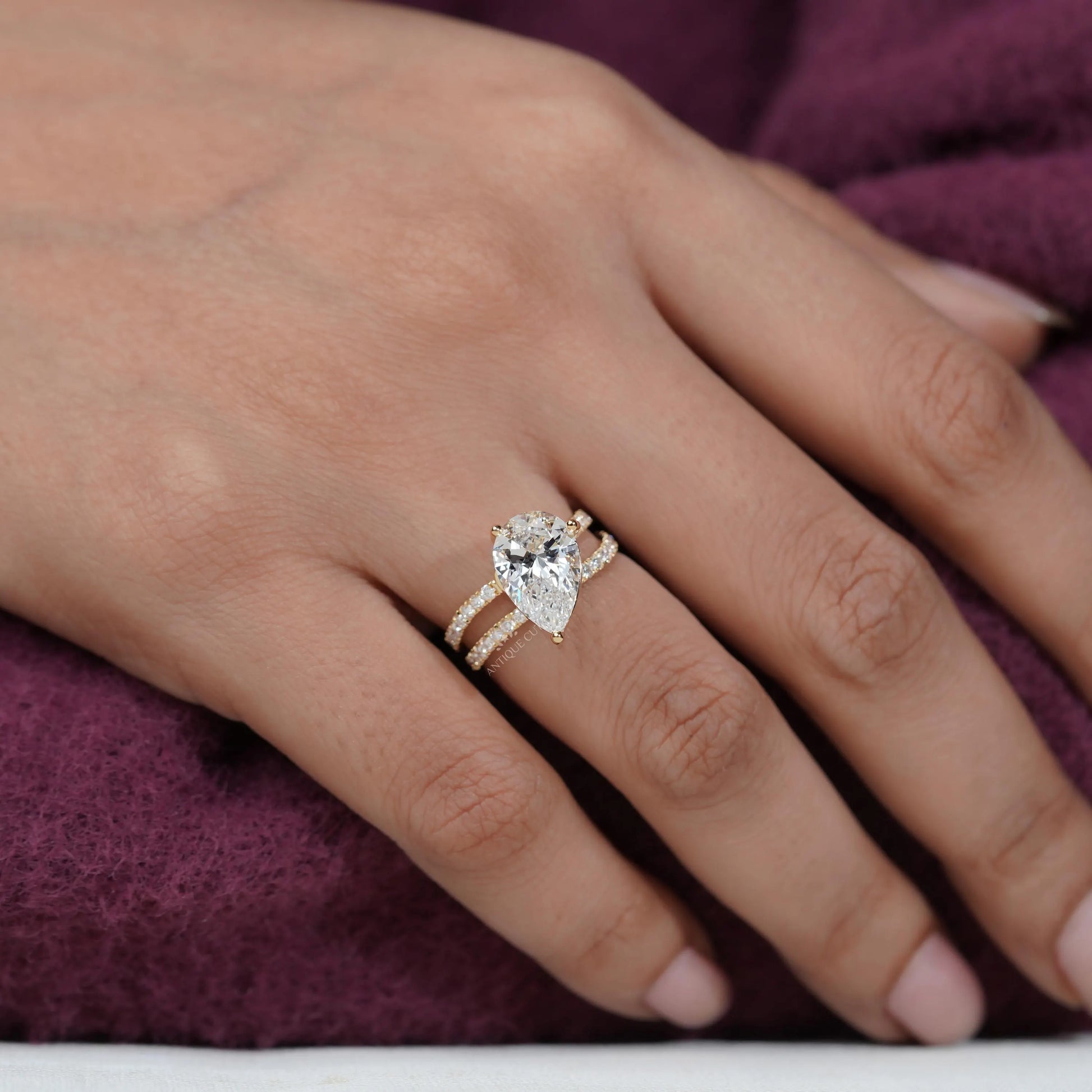 Pear 3.70tcw Lab Diamond Ring | Split Shank Pave Band | Luxury Engagement Ring