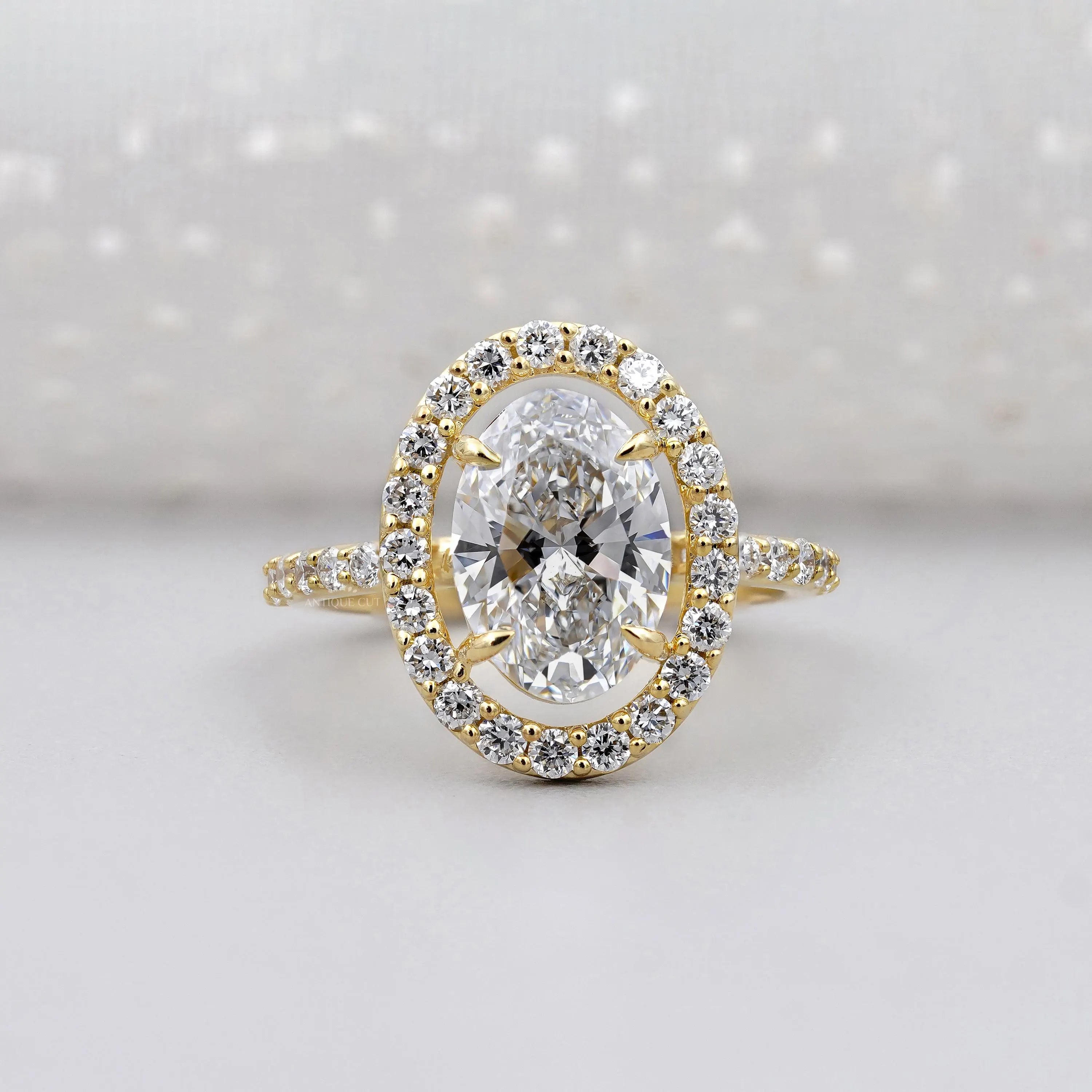 3.20TCW Oval Cut Lab Grown Diamond | Round Halo Engagement Ring | Pave Band | Yellow Gold Ring | IGI Certified D-E-F VVS-VS.