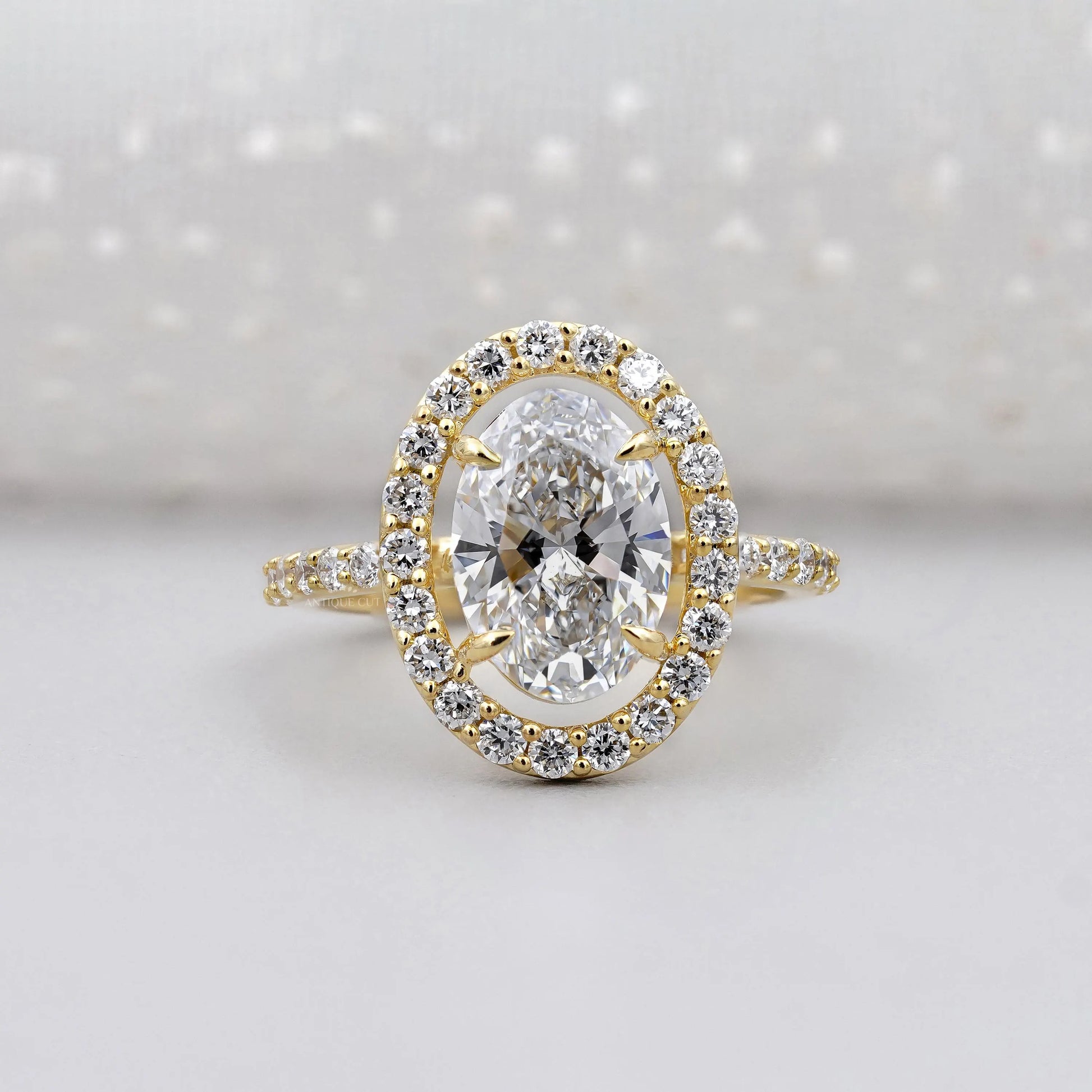 3.20TCW Oval Cut Lab Grown Diamond | Round Halo Engagement Ring | Pave Band | Yellow Gold Ring | IGI Certified D-E-F VVS-VS.