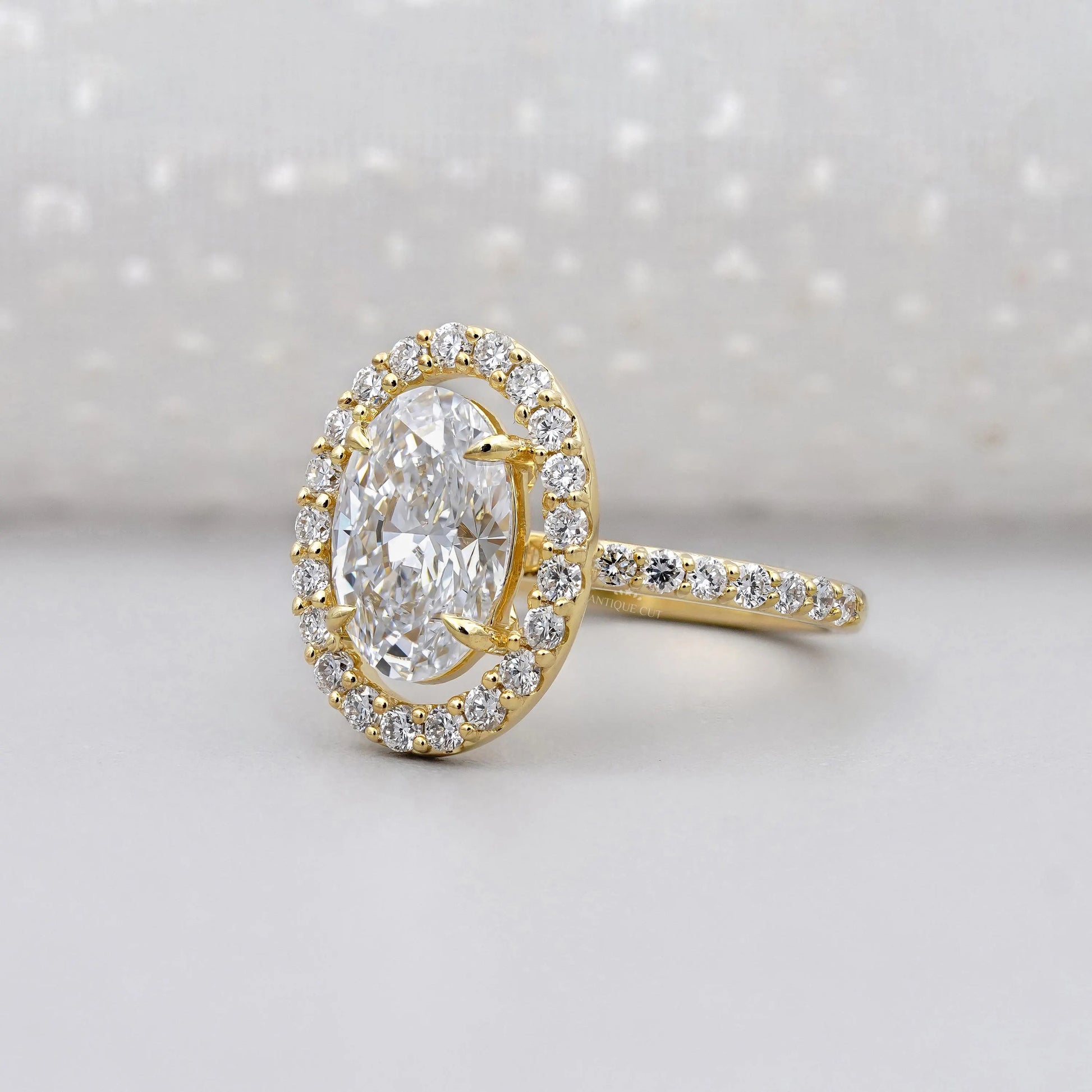 3.20TCW Oval Cut Lab Grown Diamond | Round Halo Engagement Ring | Pave Band | Yellow Gold Ring | IGI Certified D-E-F VVS-VS.