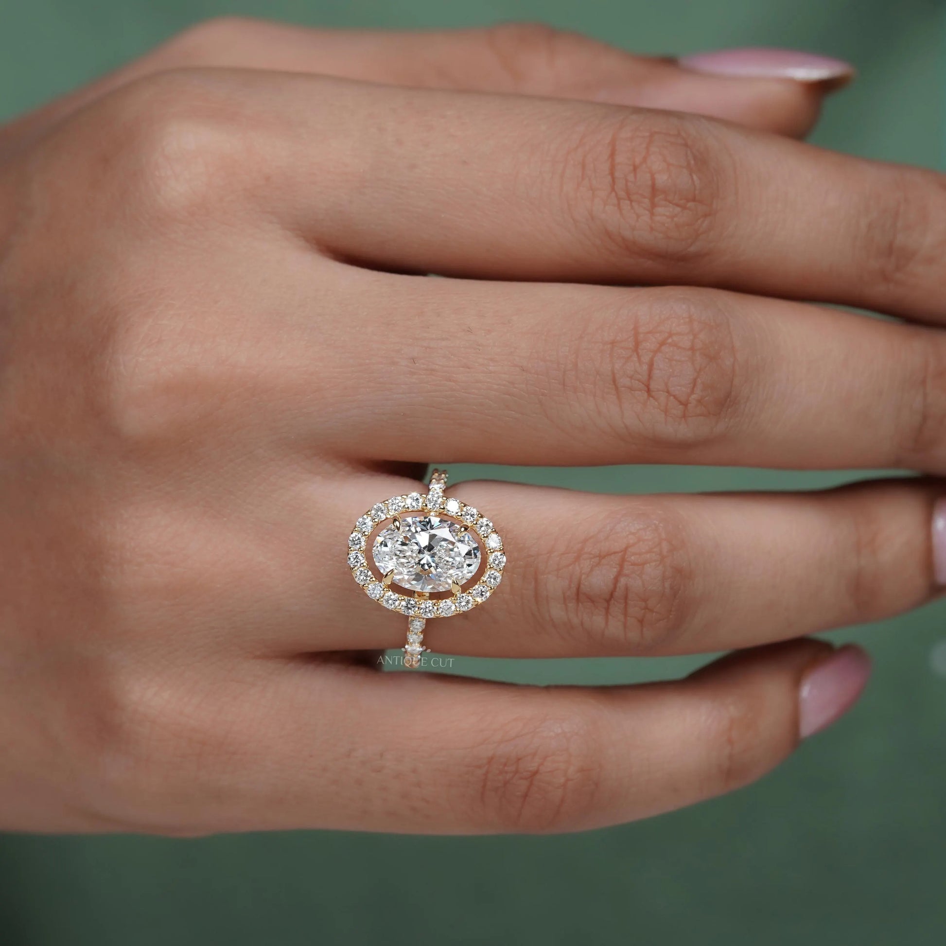 3.20TCW Oval Cut Lab Grown Diamond | Round Halo Engagement Ring | Pave Band | Yellow Gold Ring | IGI Certified D-E-F VVS-VS.