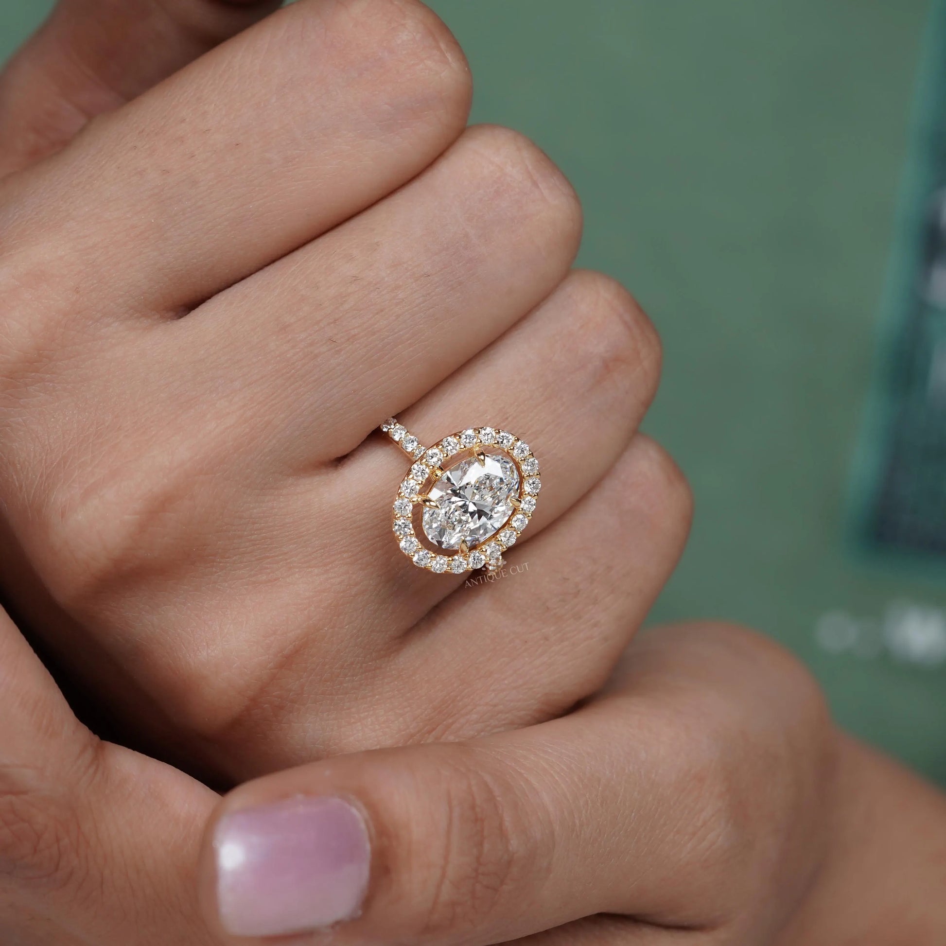 3.20TCW Oval Cut Lab Grown Diamond | Round Halo Engagement Ring | Pave Band | Yellow Gold Ring | IGI Certified D-E-F VVS-VS.