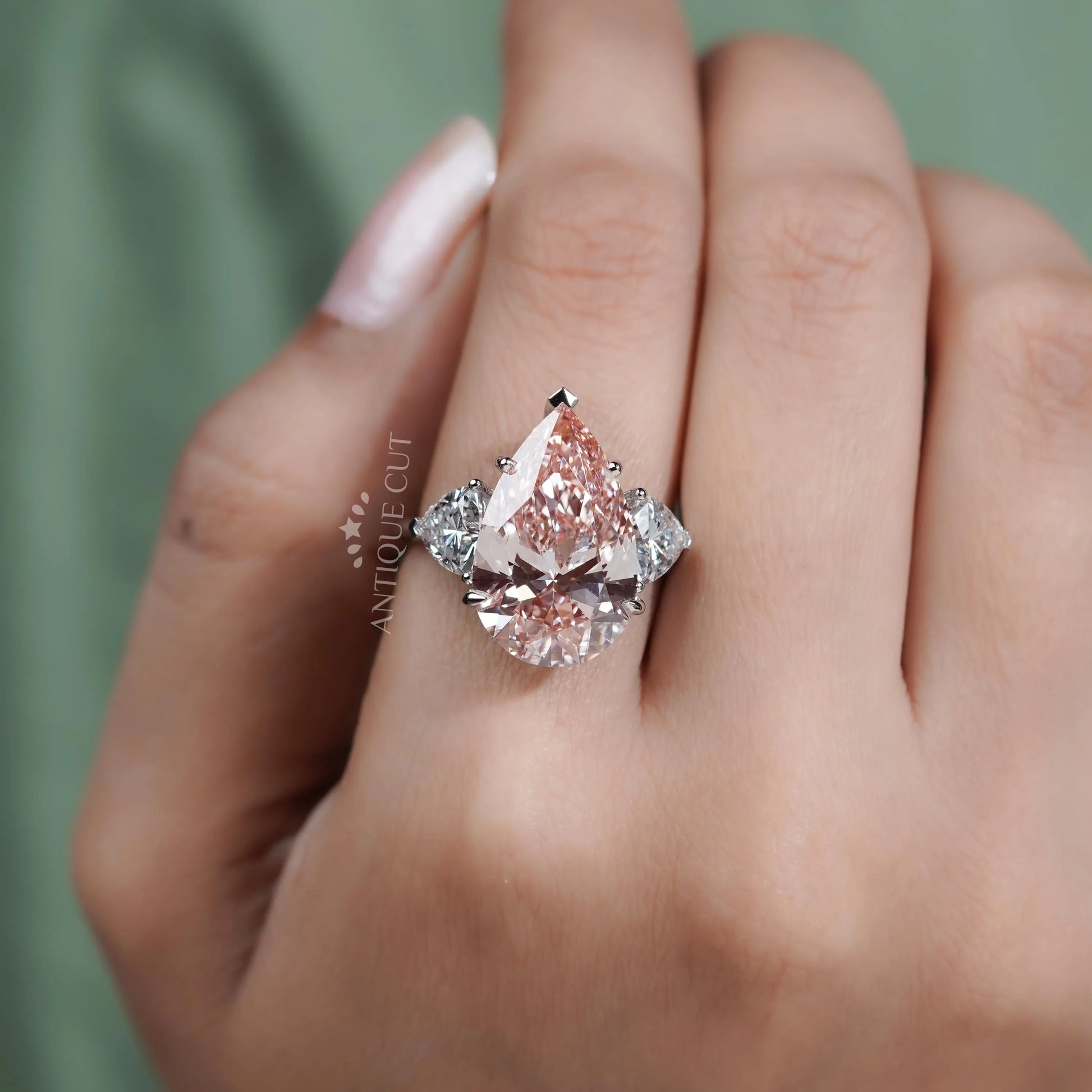 14.20TCW Pear Cut Lab Grown Diamond Engagement Ring | Trillion Side Stones | IGI Certified D-E-F VVS-VS.