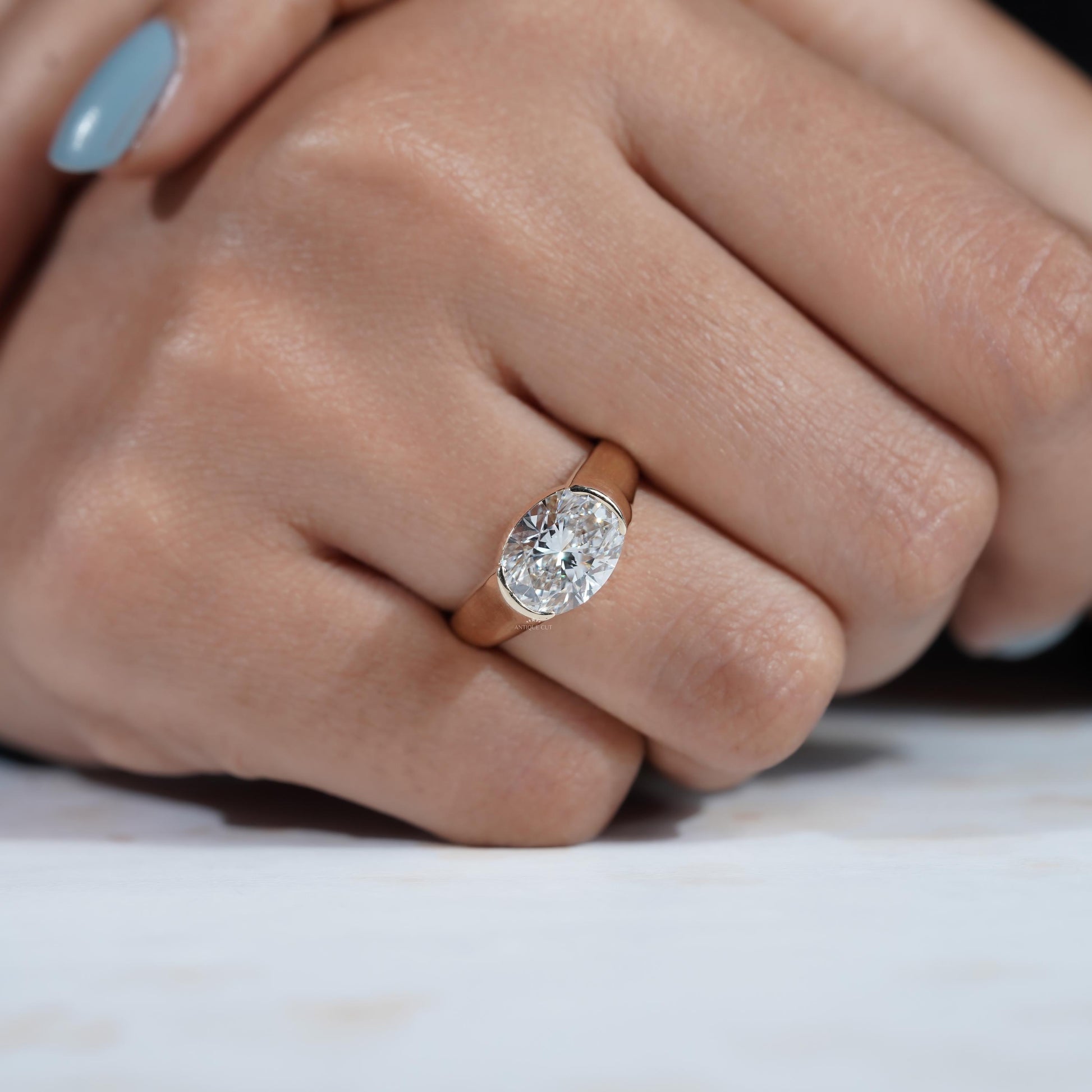 3.00ct Oval Bezel Set Engagement Ring • Solid Gold Thick Band Ring • Modern Oval Solitaire Ring • Unique Sculpted Bezel Ring