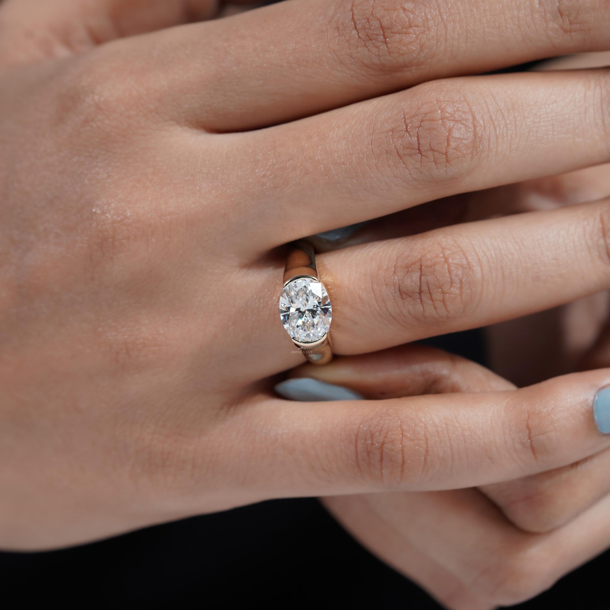 3.00ct Oval Bezel Set Engagement Ring • Solid Gold Thick Band Ring • Modern Oval Solitaire Ring • Unique Sculpted Bezel Ring