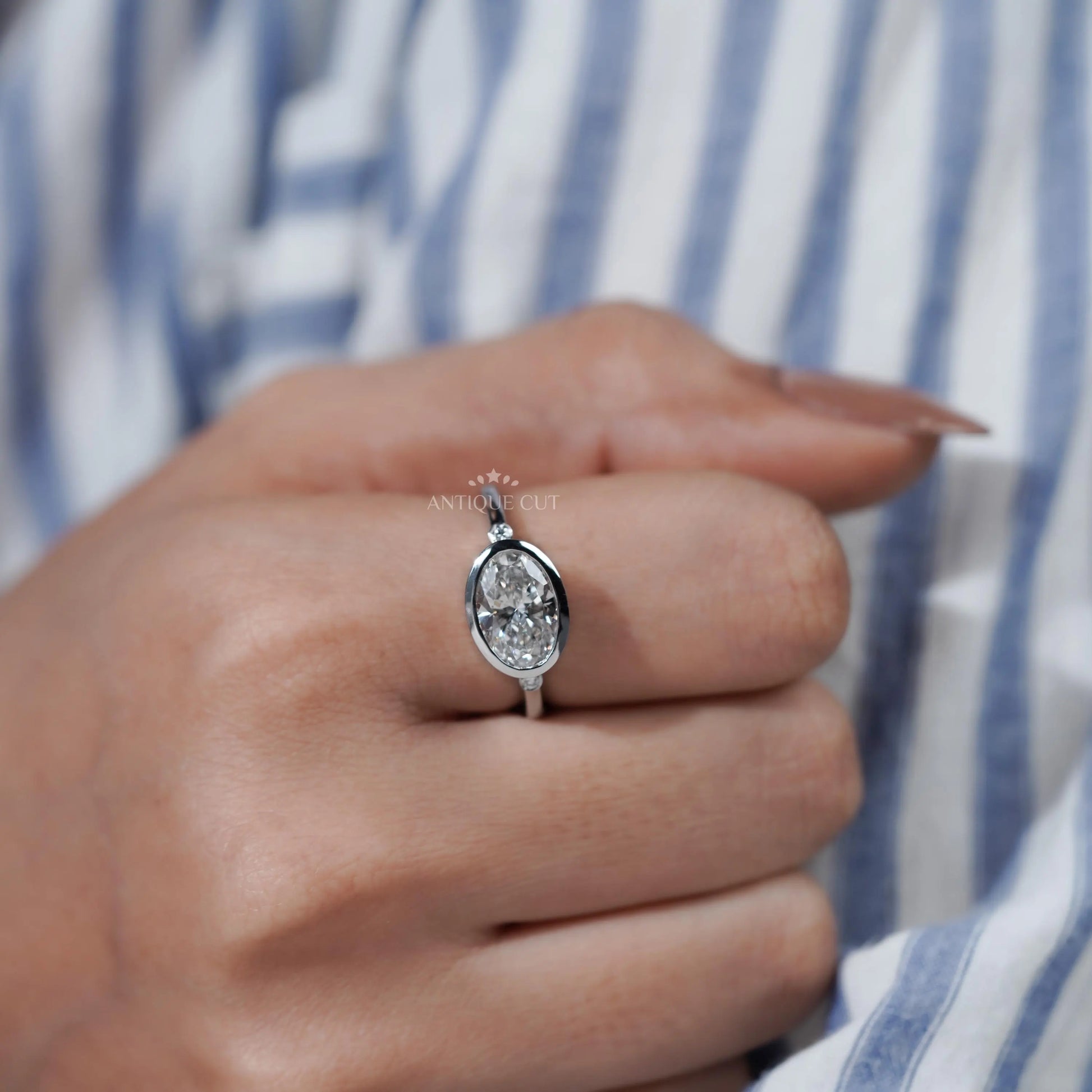 East West Oval Engagement Ring With Bezel Setting | Lab Grown Diamond