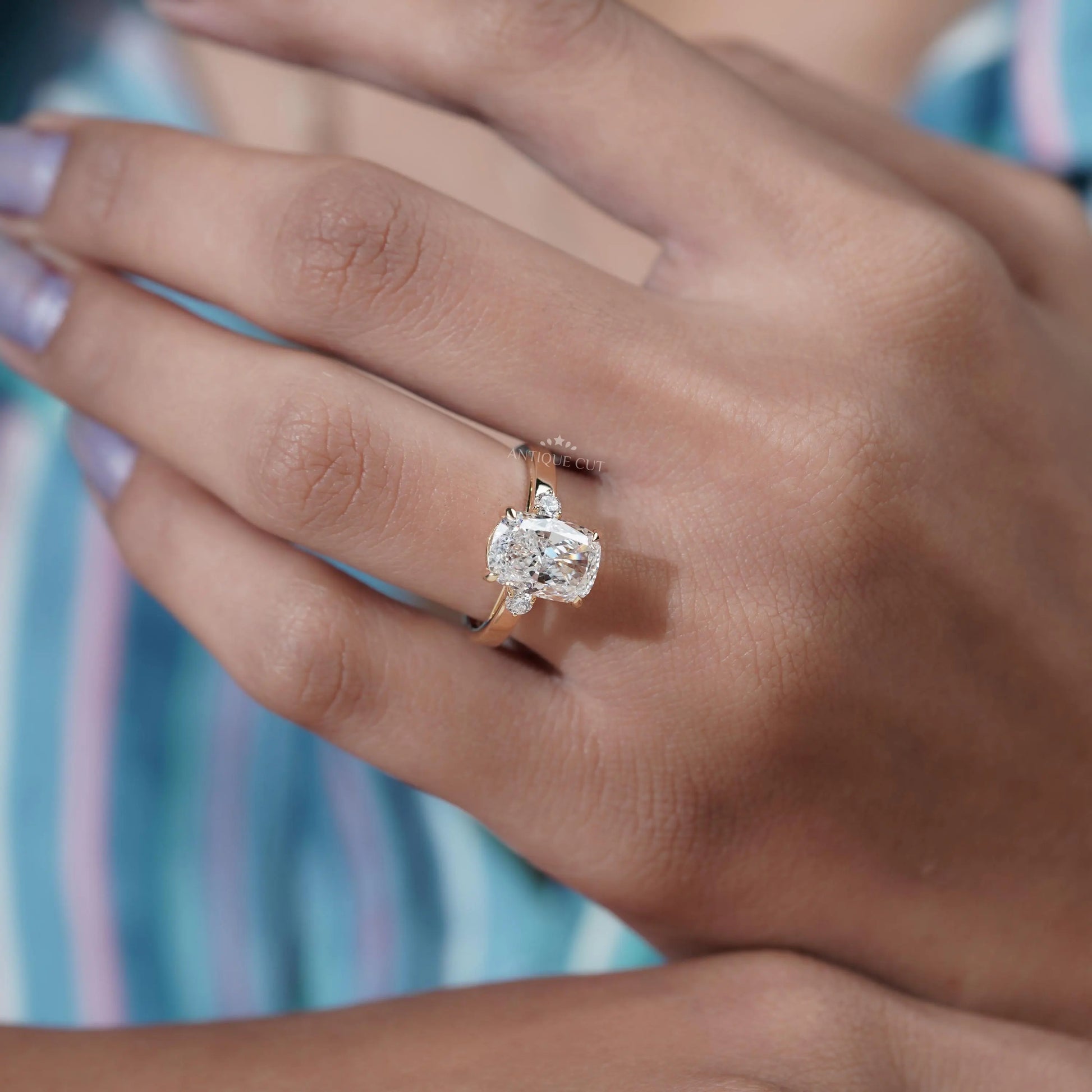 3.50TCW Cushion Cut Lab Grown Diamond Engagement Ring with Round Side Stones |  IGI Certified D-E-F VVS-VS.