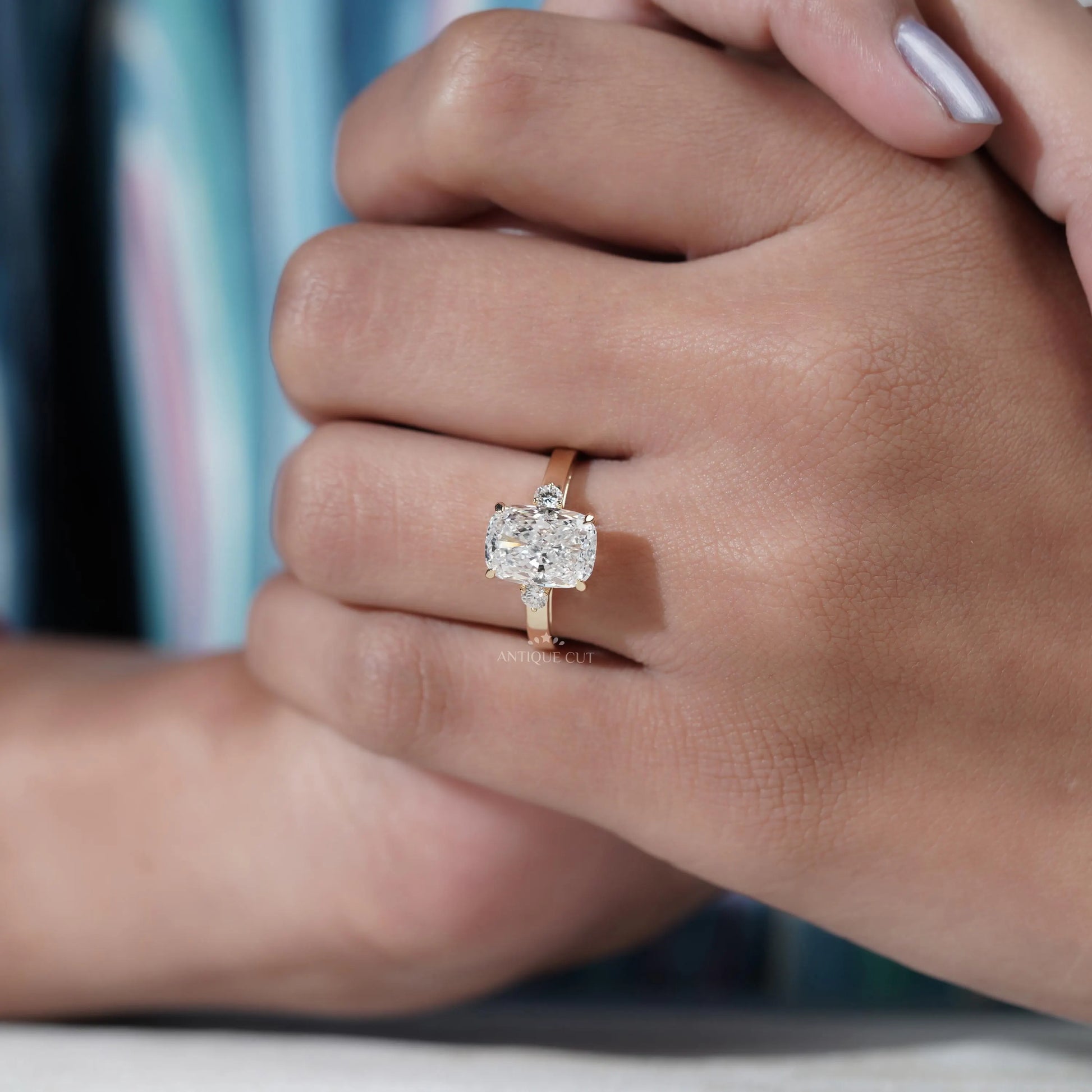 3.50TCW Cushion Cut Lab Grown Diamond Engagement Ring with Round Side Stones |  IGI Certified D-E-F VVS-VS.