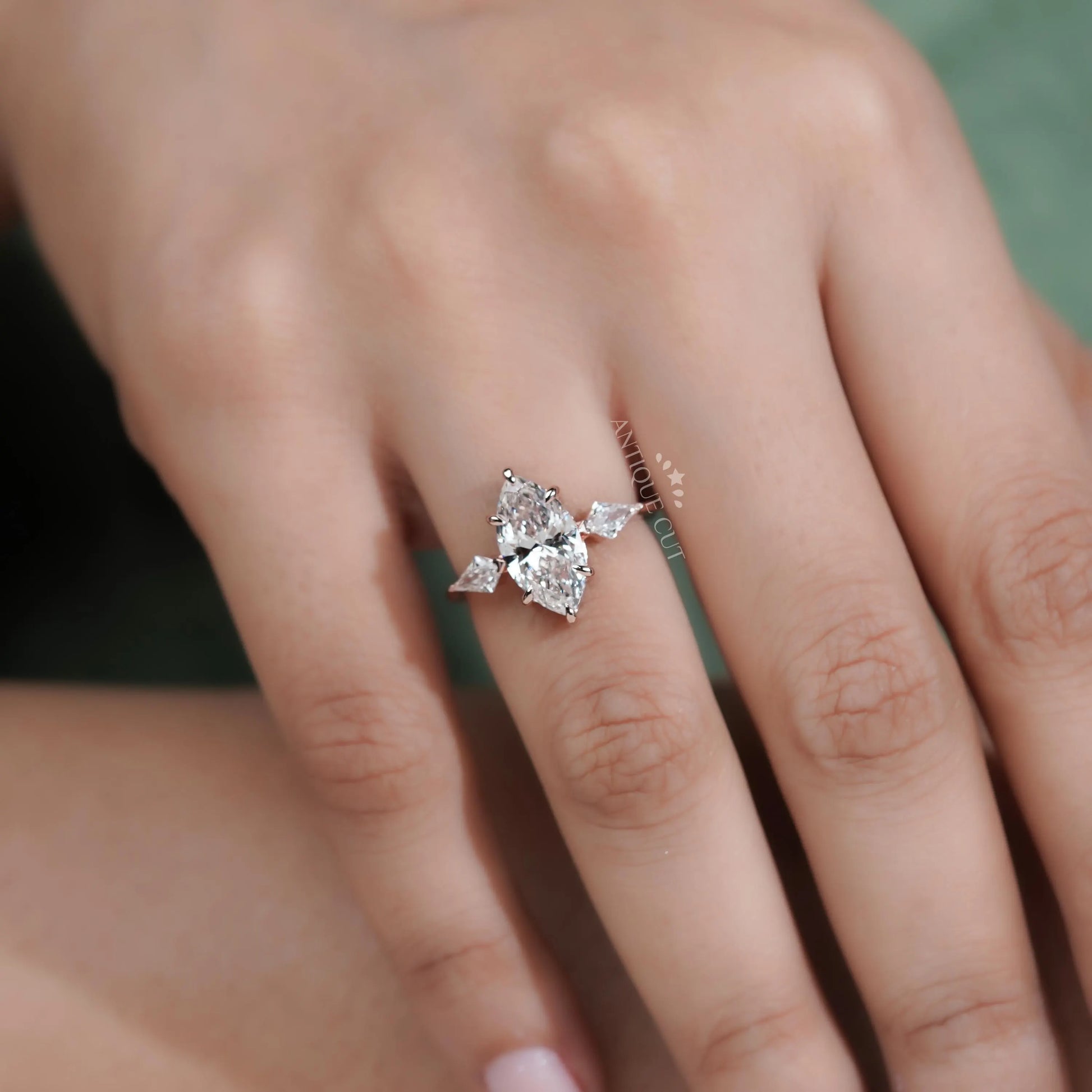 Marquise 3.30TCW  Lab Grown Diamond Engagement Ring | Kite Side Stones | Rose Gold Ring |  IGI Certified D-E-F VVS-VS.