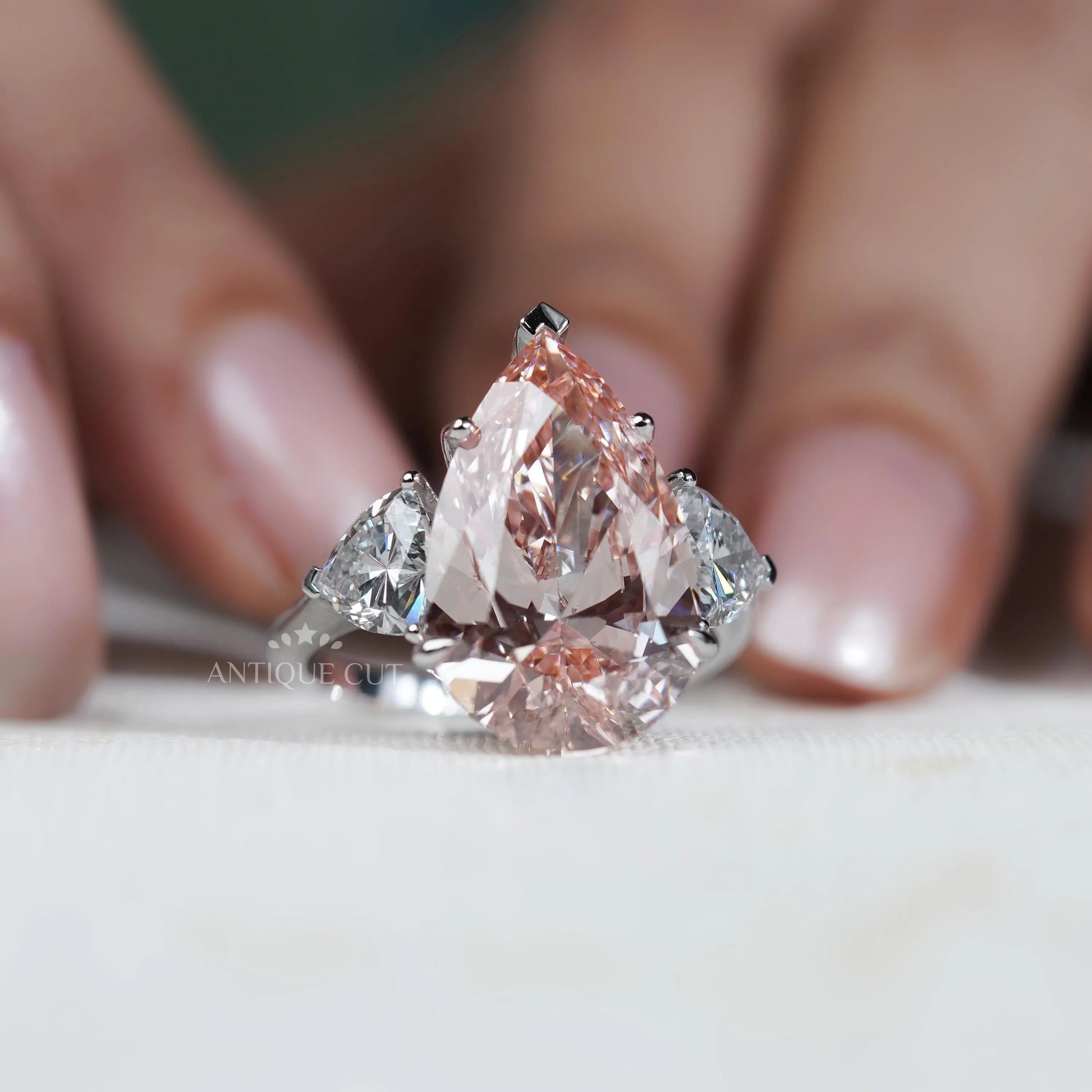 14.20TCW Pear Cut Lab Grown Diamond Engagement Ring | Trillion Side Stones | IGI Certified D-E-F VVS-VS.