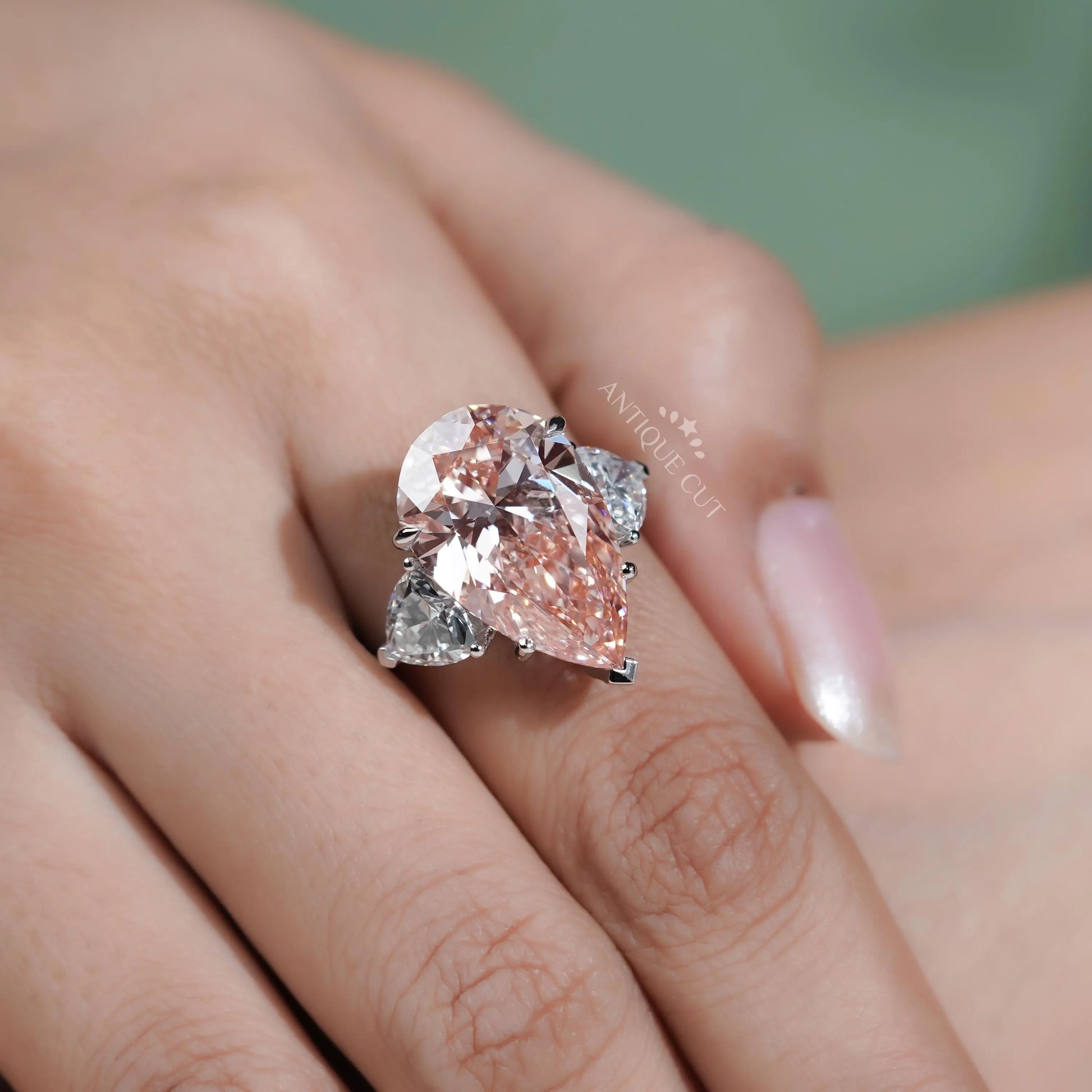 14.20TCW Pear Cut Lab Grown Diamond Engagement Ring | Trillion Side Stones | IGI Certified D-E-F VVS-VS.