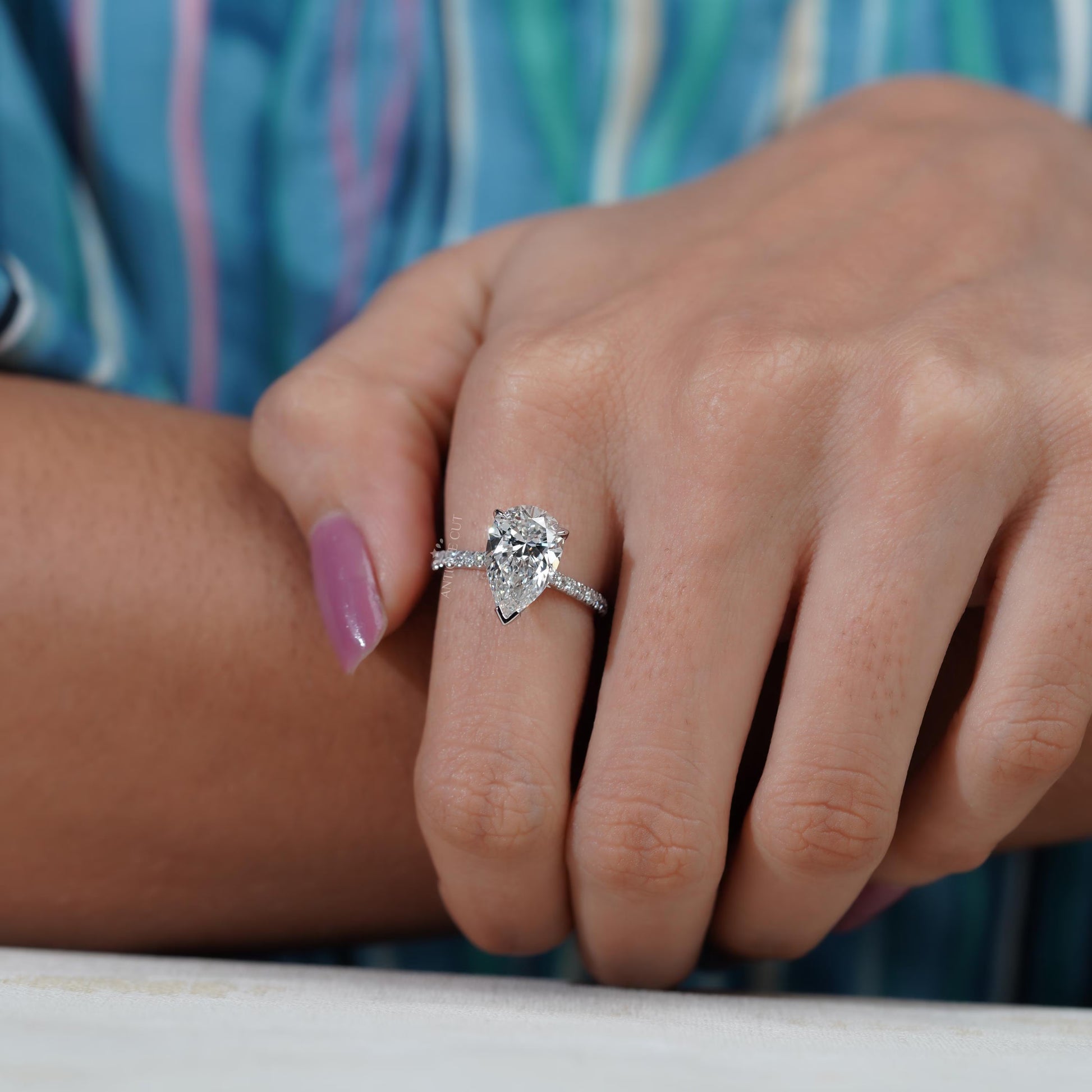 3.40TCW Pear Cut Diamond Engagement Ring | Round With Hidden Halo| Pave Band Ring | Lab Grown Diamond Ring IGI Certified D-E-F VVS-VS.