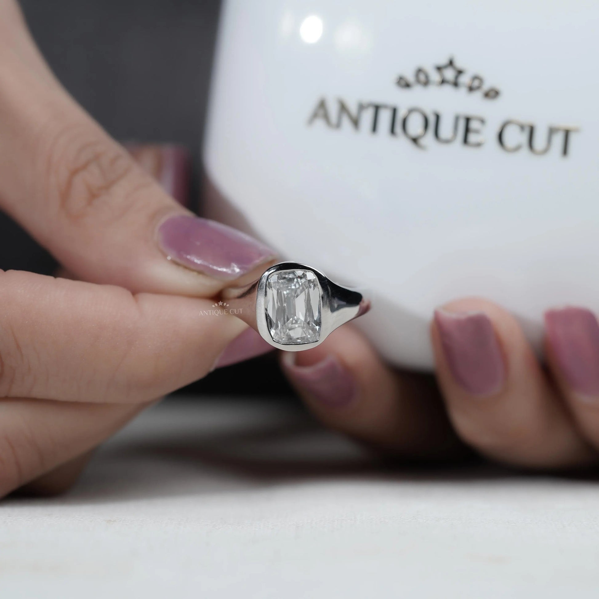 White gold antique style old mine cushion diamond ring
