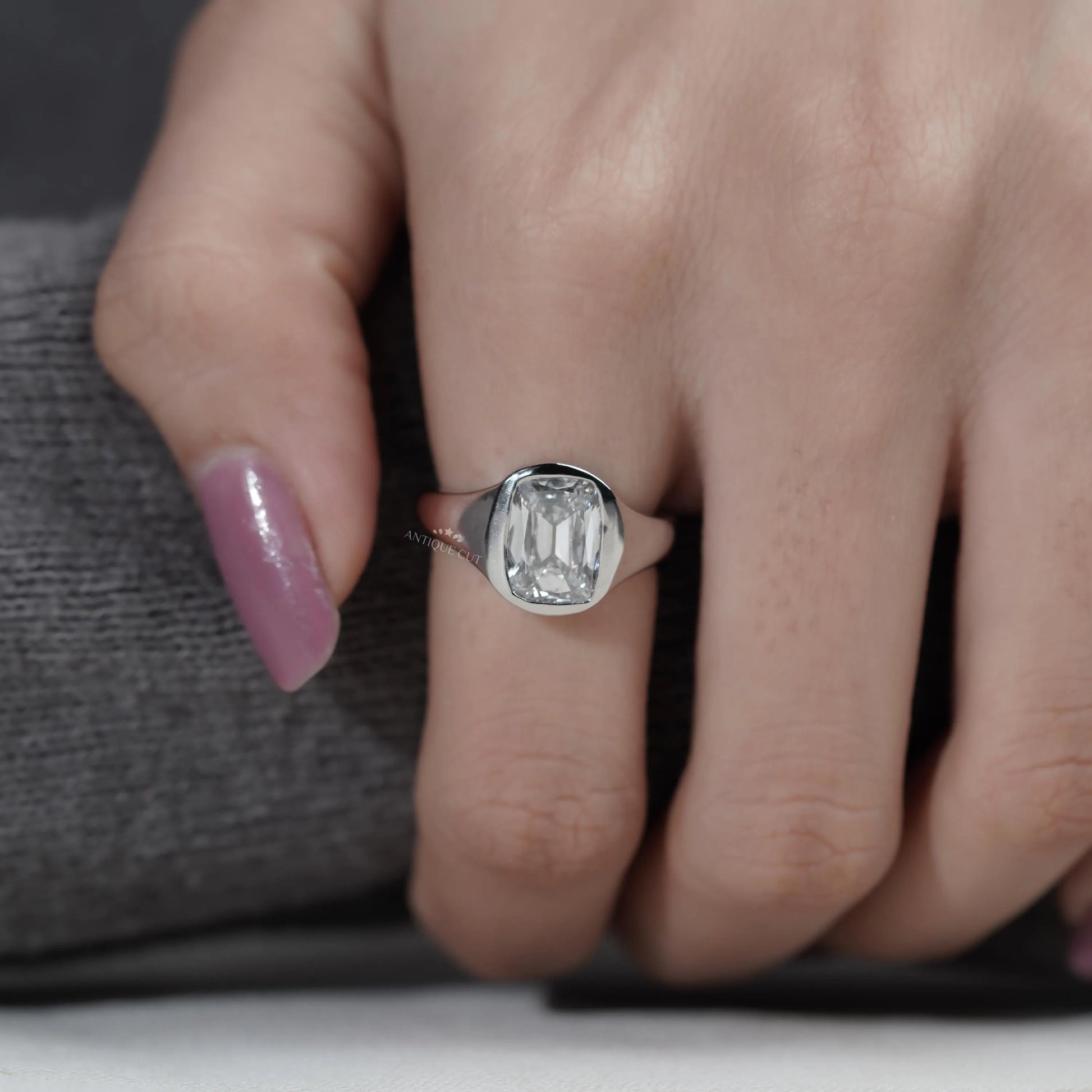 Lab grown cushion diamond ring old mine cut white gold