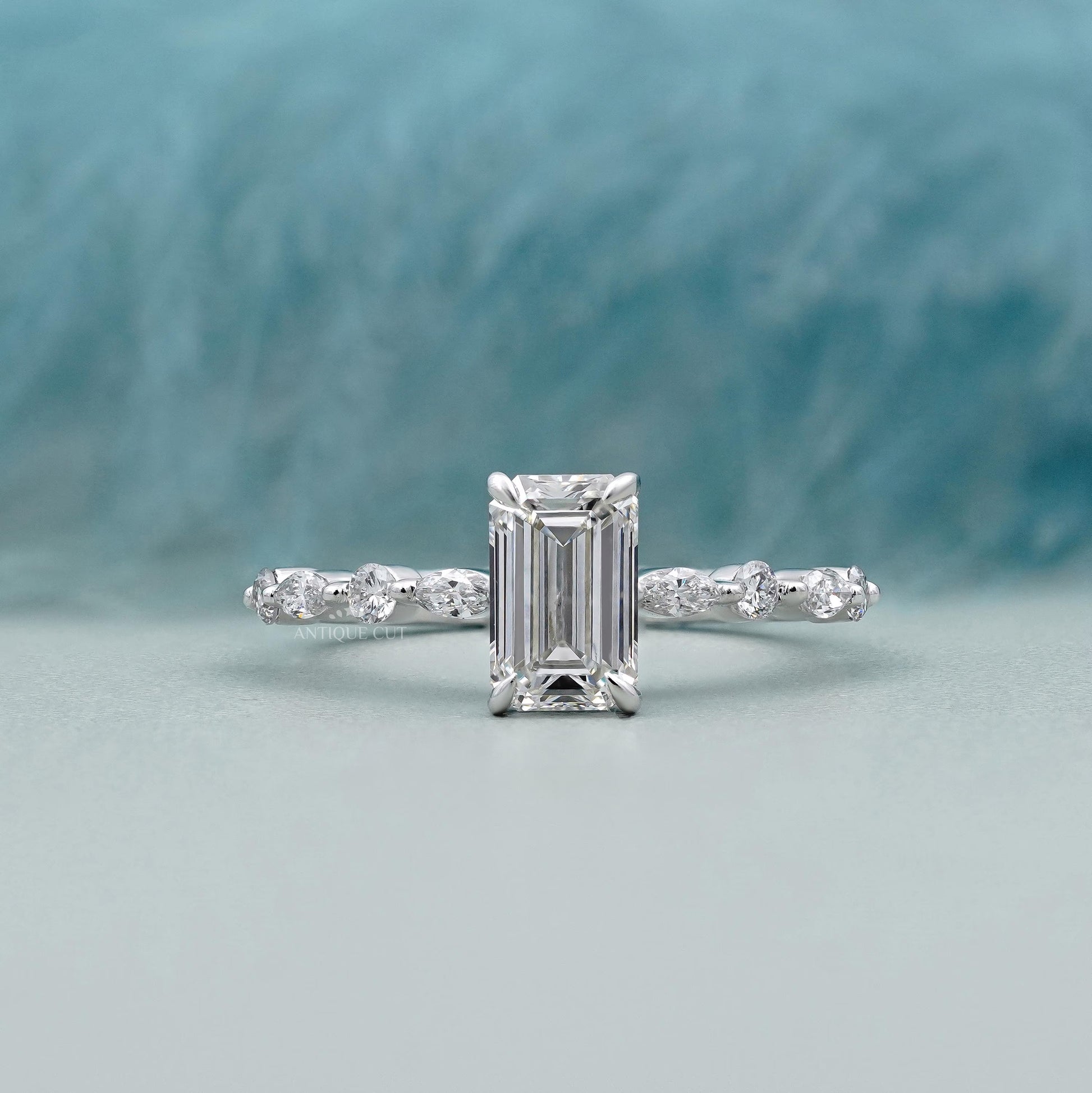Emerald cut engagement ring in white gold