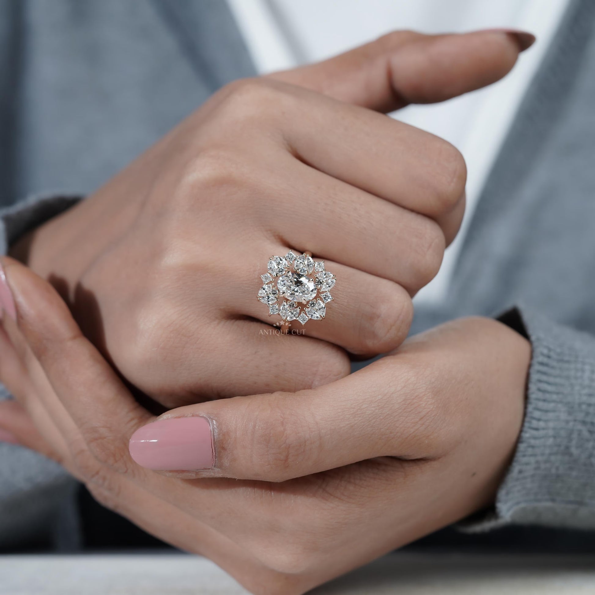 Oval Diamond Engagement Ring With Diamond Halo| Vintage inspired ring | IGI Certified
