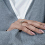 Close-up of a hand wearing a ring with a gray background

