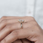 Diamond ring held between fingers with 'AntiqueCut' branding in the background
