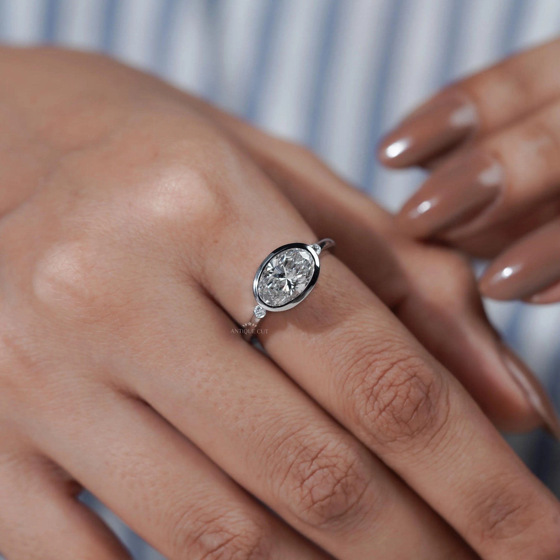 East West Oval Engagement Ring With Bezel Setting | Lab Grown Diamond