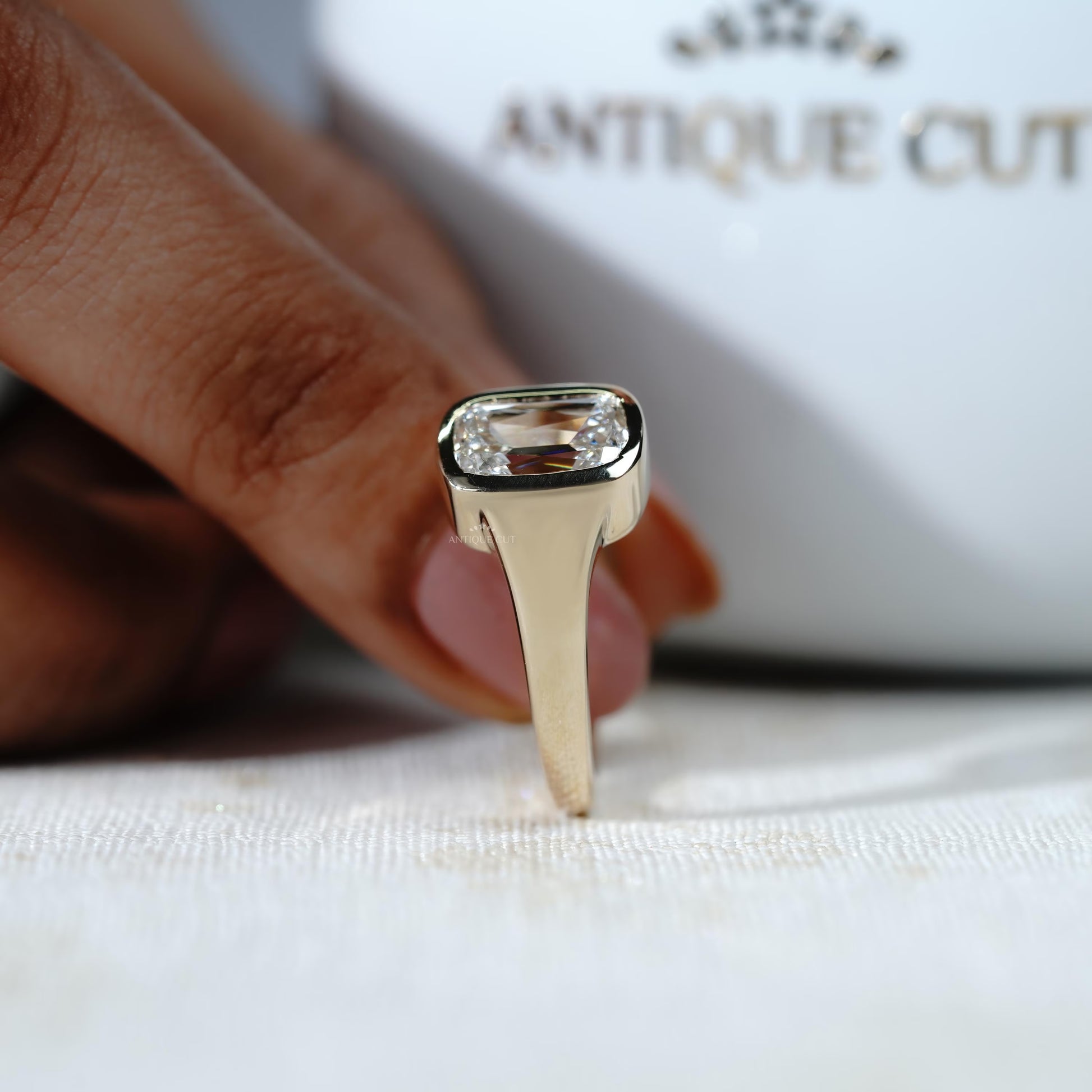 Yellow gold antique style old mine elongated cushion ring