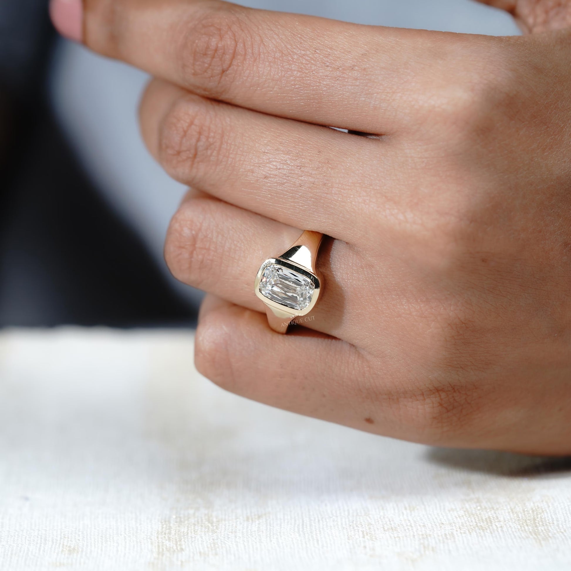 Vintage inspired old mine elongated cushion engagement ring