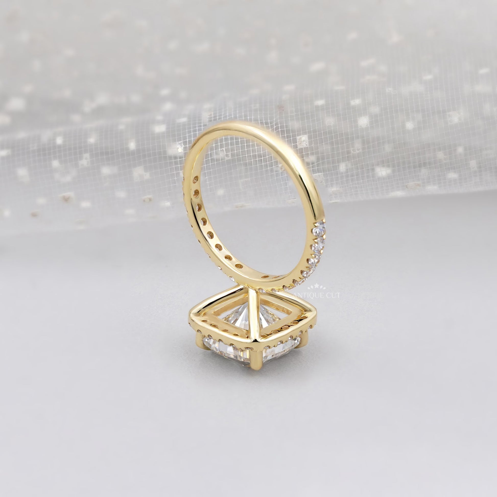 Antiquecut cushion halo engagement ring yellow gold