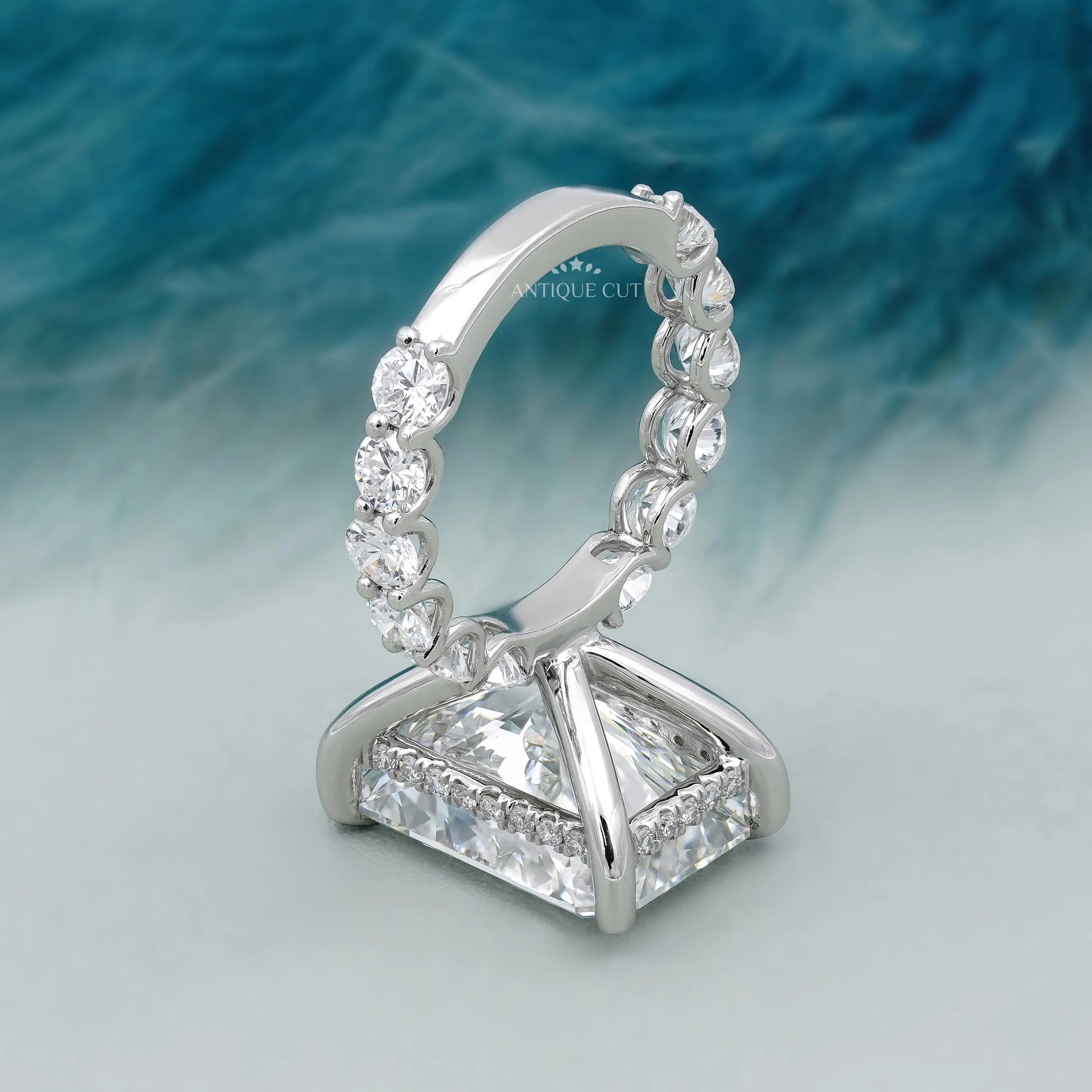 Radiant Cut Hidden Halo Engagement Ring With Round Diamond Band | IGI Certified