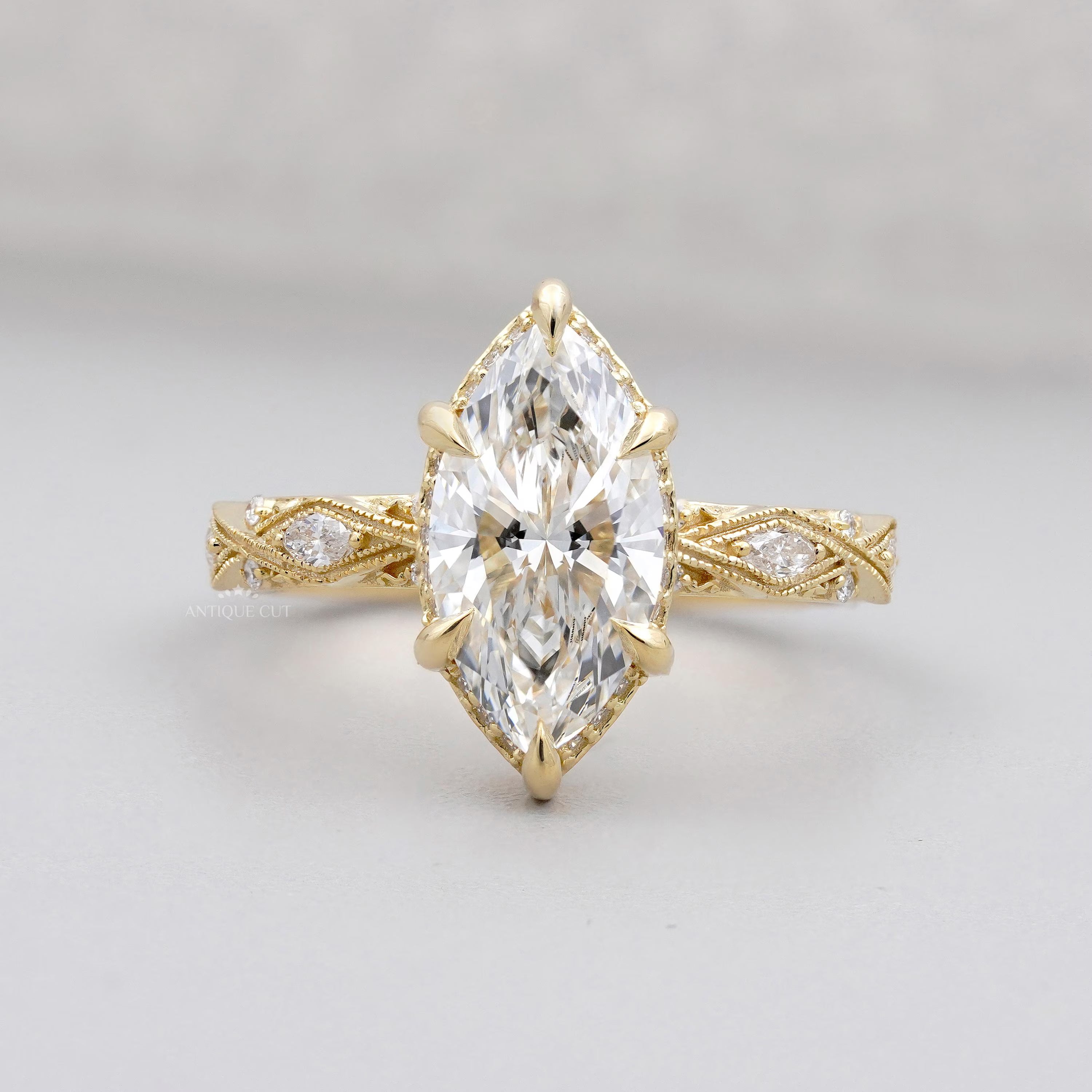 Marquise Cut Diamond Engagement Ring | Vintage  Hidden Halo Ring 