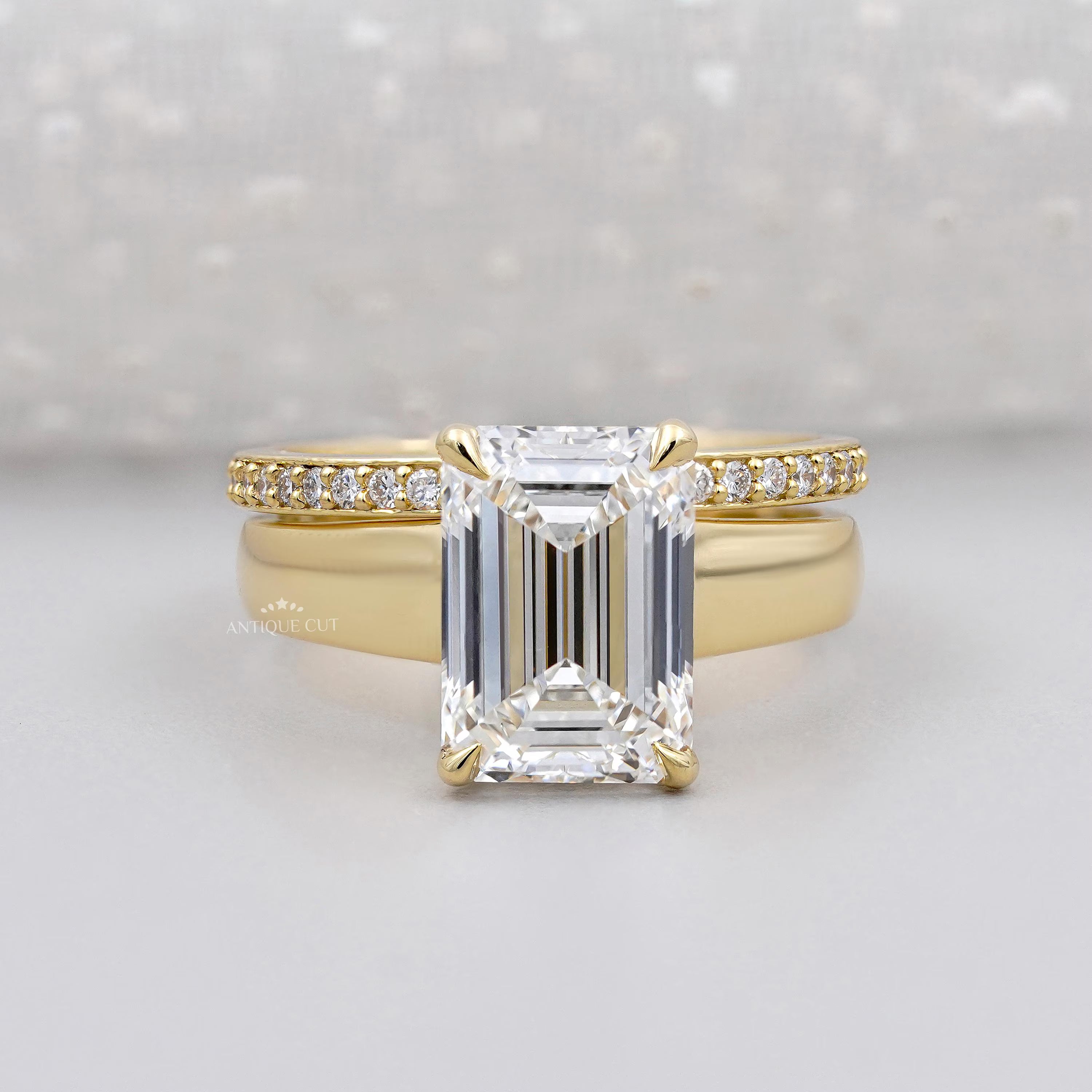 Emerald Cut Diamond Engagement Ring | With Hidden Halo & Round Pave Band