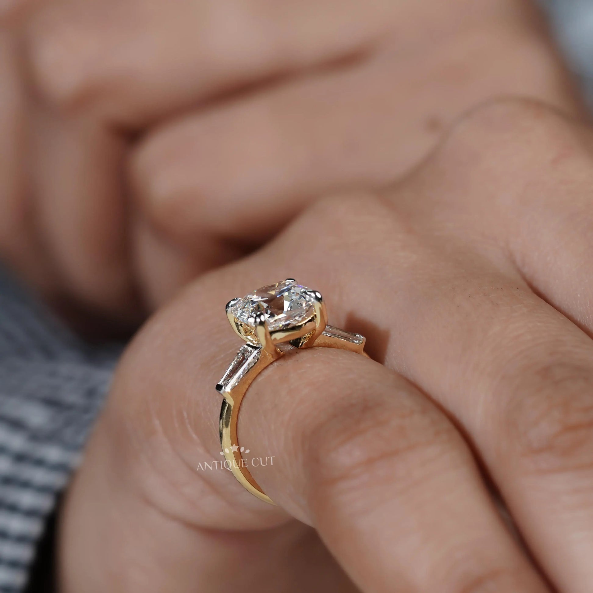 Antique cut old mine cushion three stone diamond ring