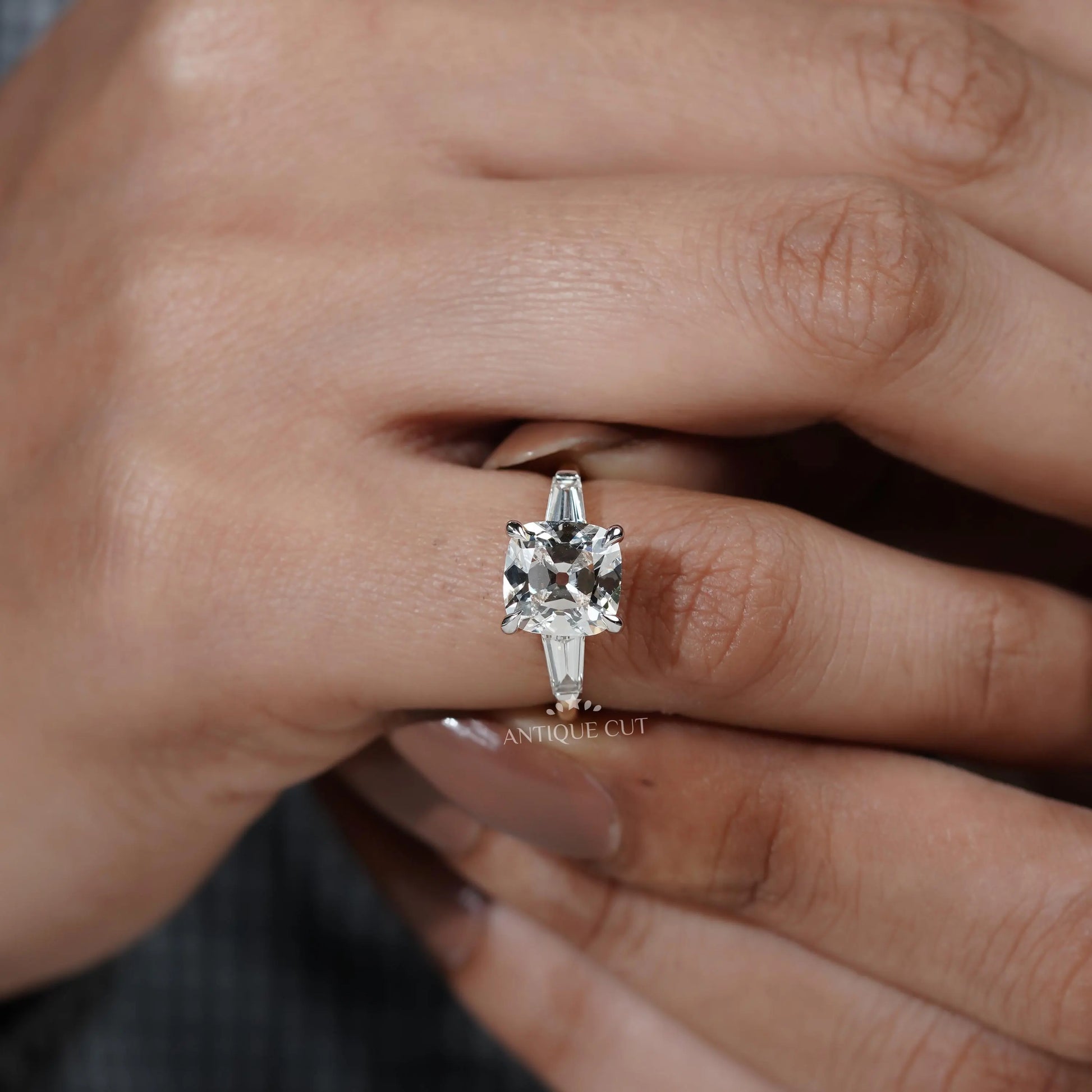 Lab grown old mine cushion cut three stone ring
