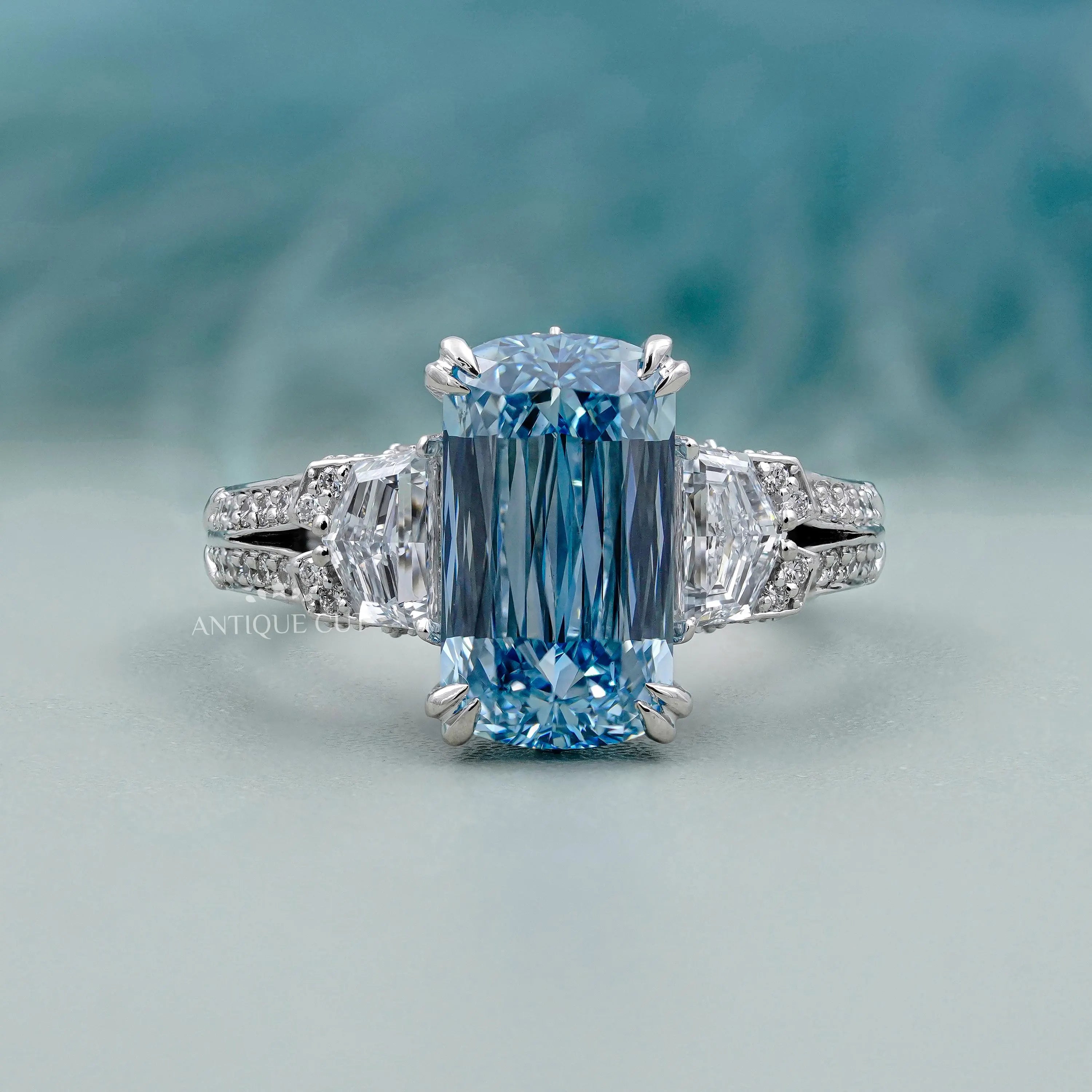Cushion Cut Fancy Blue Diamond Ring With Double Prong Platinum Vintage Ring IGI Certified