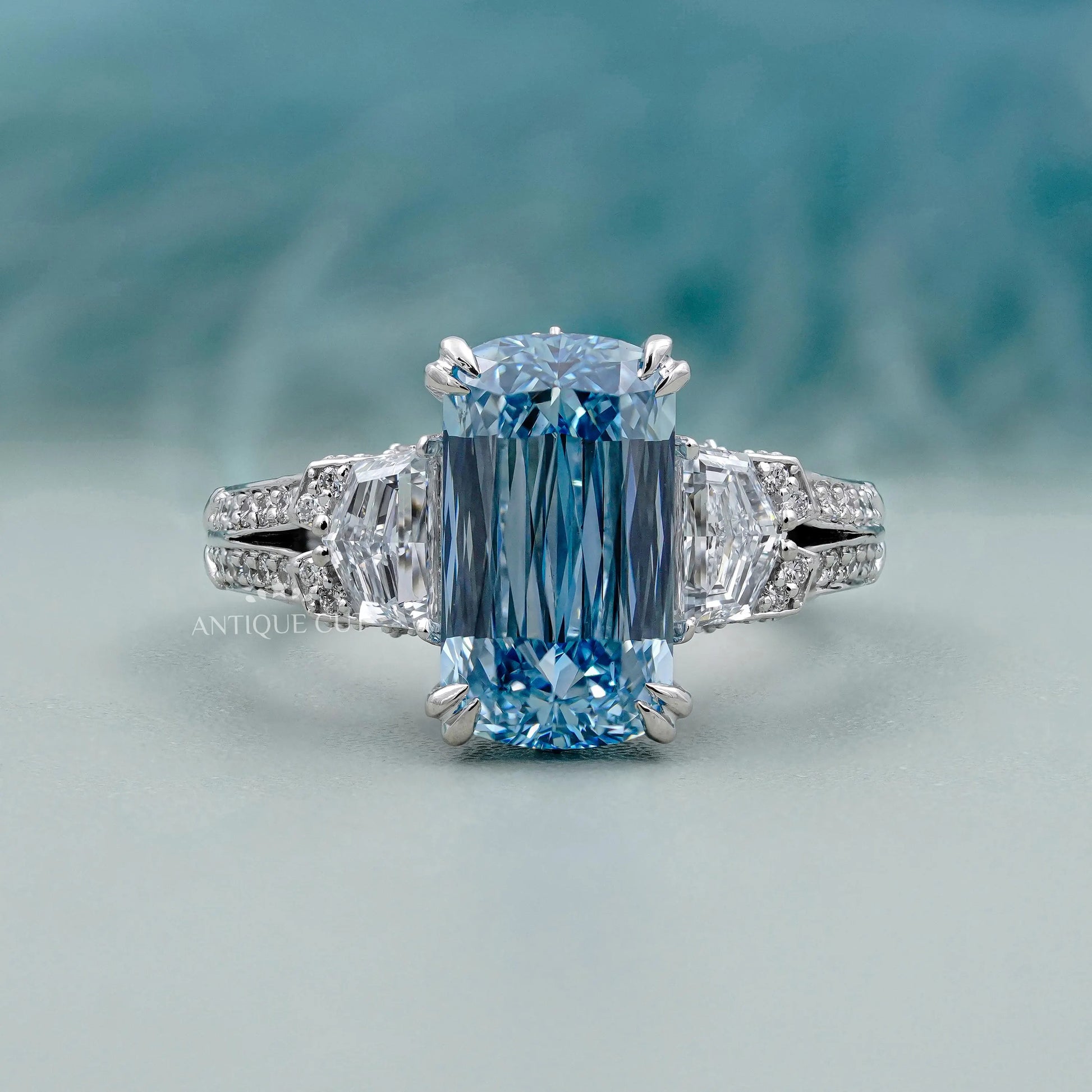 Cushion Cut Fancy Blue Diamond Ring With Double Prong Platinum Vintage Ring IGI Certified